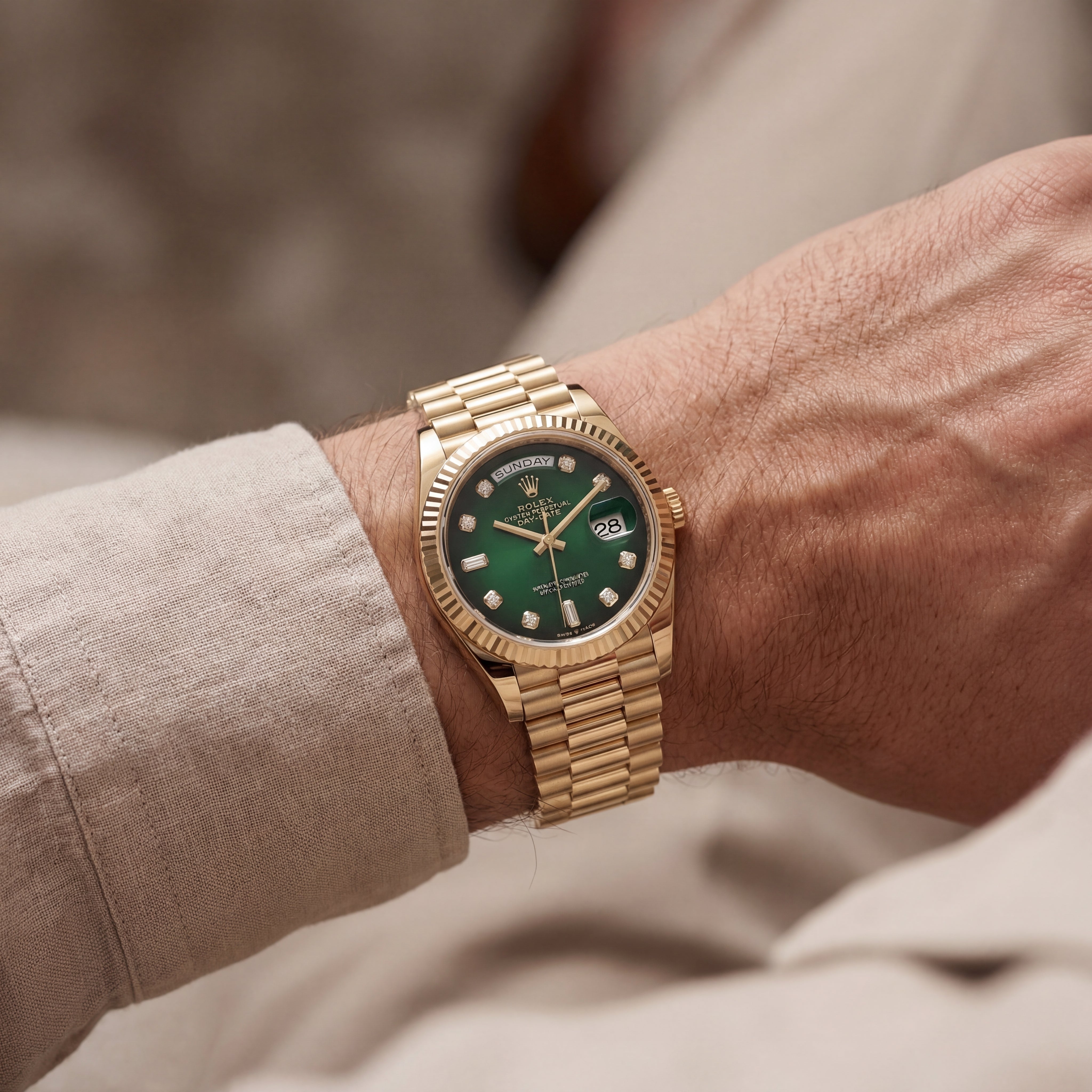 Luxury Gold Stainless Steel Watch Fluted Bezel Emerald Green Sunburst Dial Diamnd Markers Day-Date Watch – Men