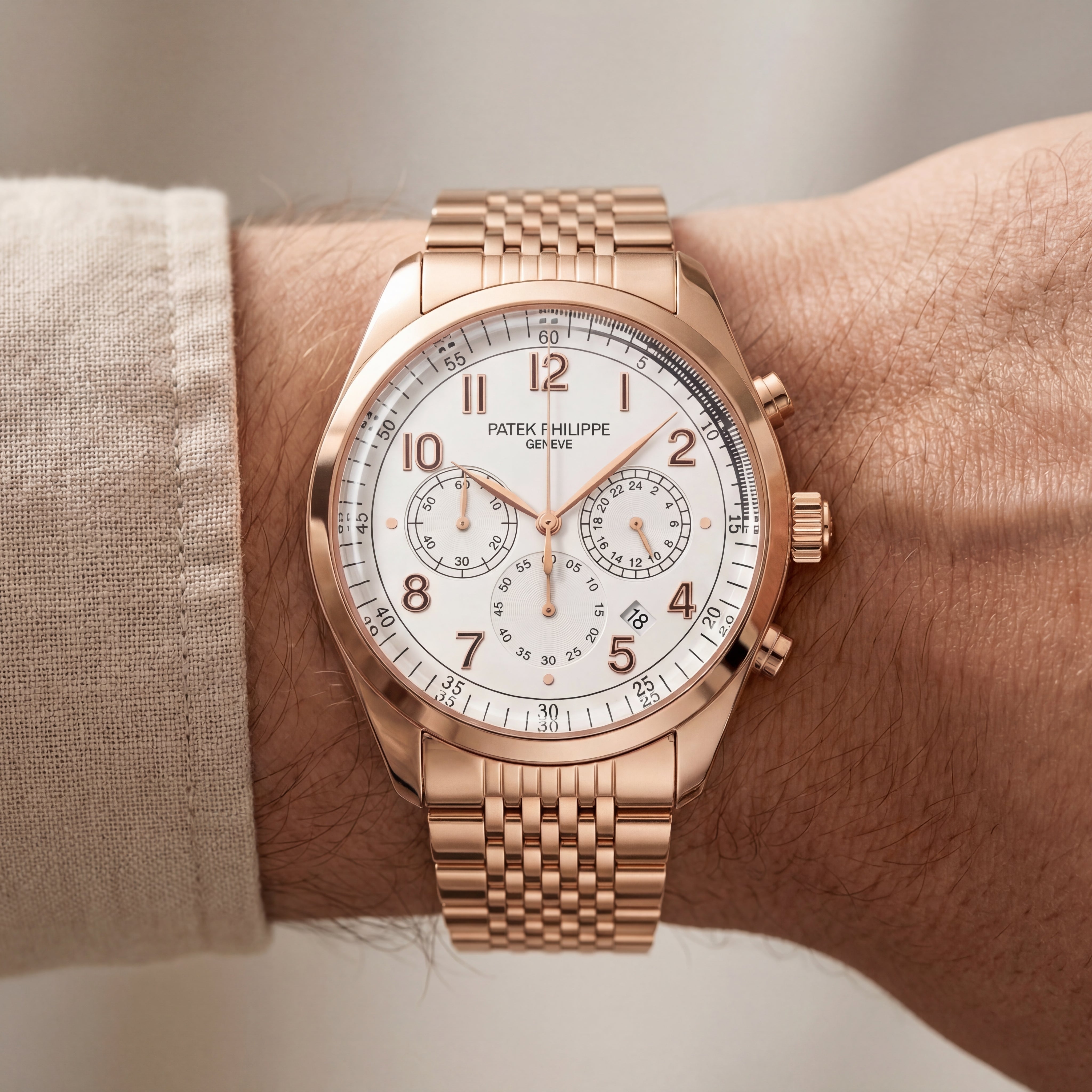Luxury Rose Gold Stainless Steel Chronograph Watch Silver Dial Arabic Numerals Multi-Subdial Date Display – Men
