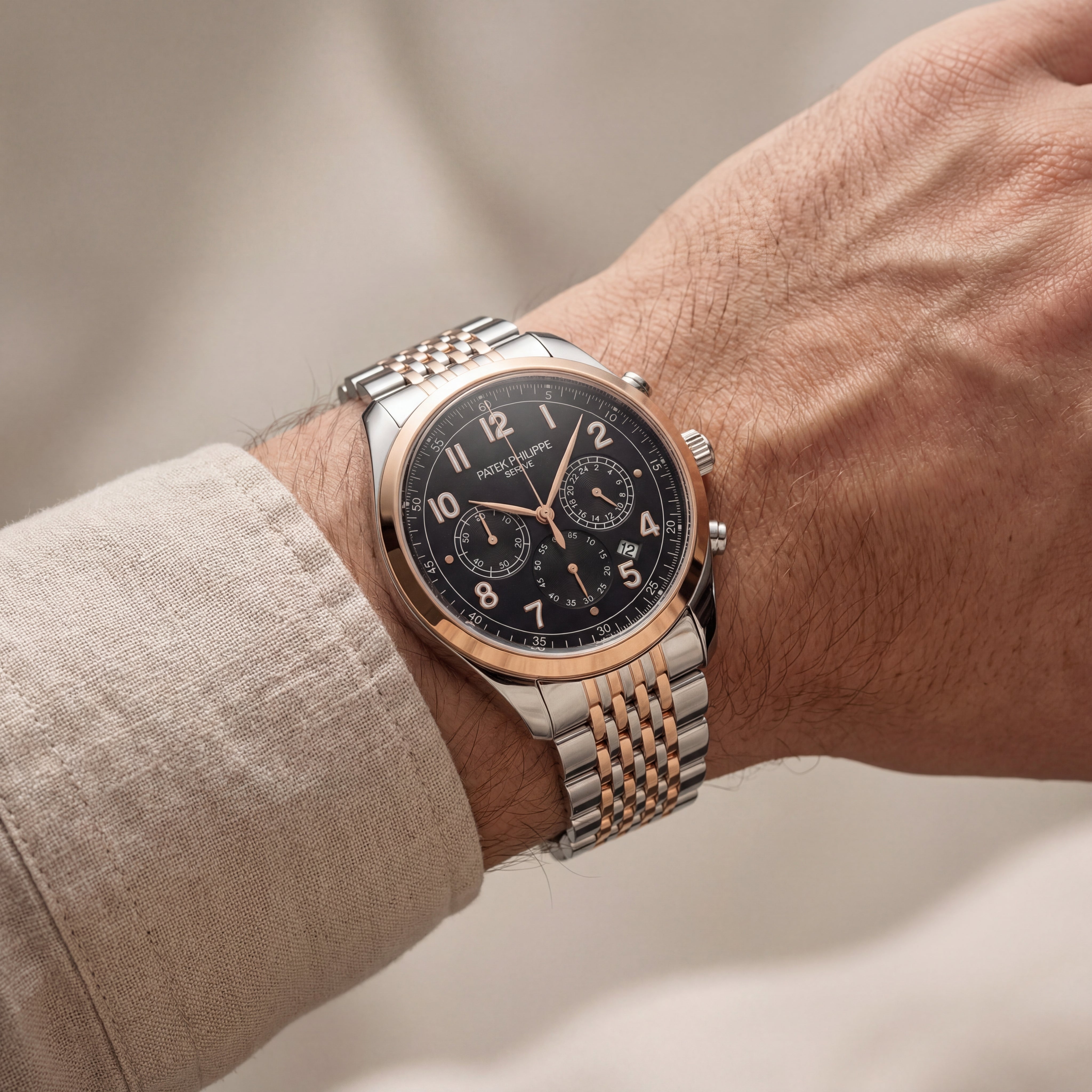 Luxury Two-Tone Stainless Steel Chronograph Watch Rose Gold Bezel Black Dial Arabic Numerals Multi-Subdial Date Display – Men