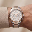 Luxury Two-Tone Stainless Steel Chronograph Watch Rose Gold Bezel Silver Dial Arabic Numerals Multi-Subdial Date Display – Men