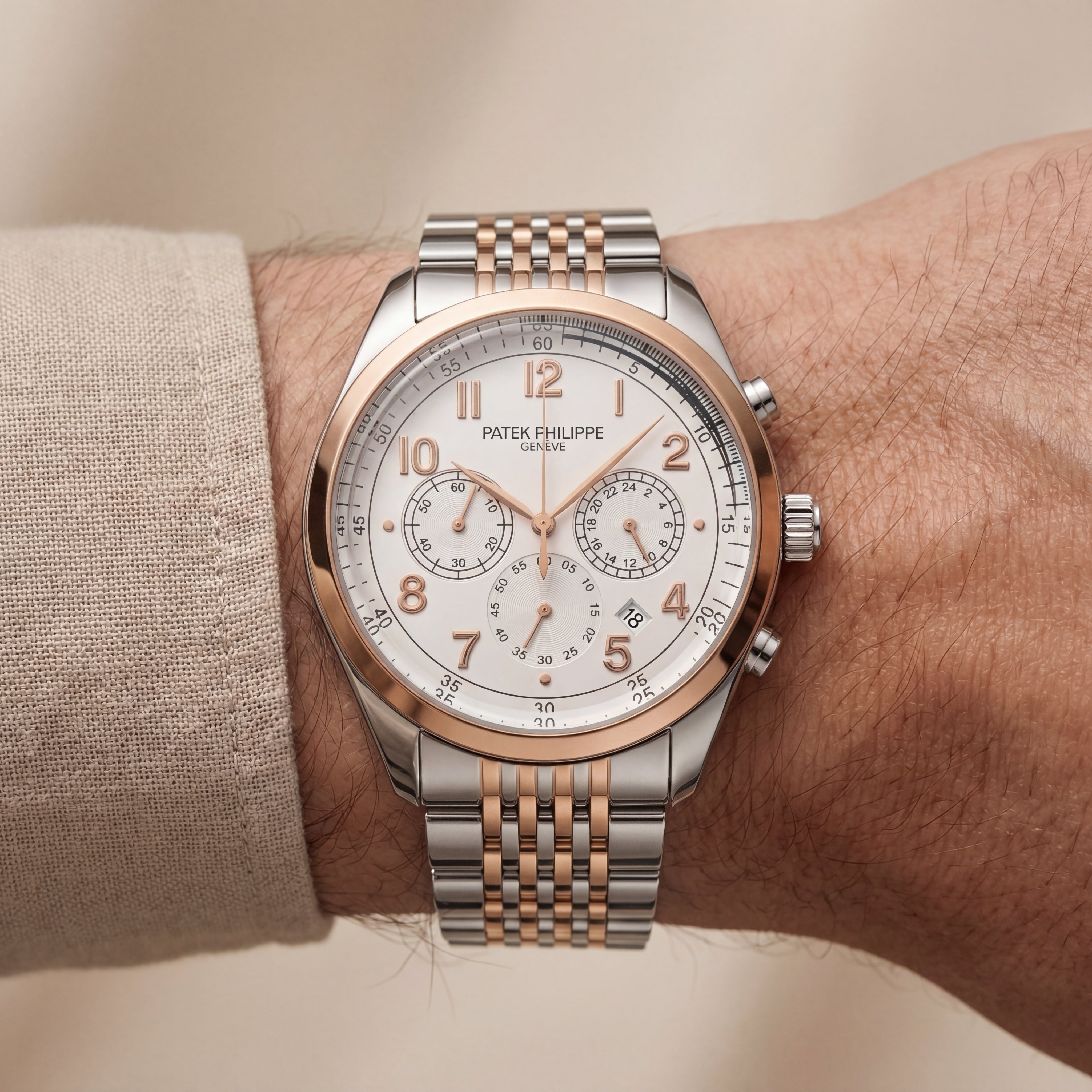 Luxury Two-Tone Stainless Steel Chronograph Watch Rose Gold Bezel Silver Dial Arabic Numerals Multi-Subdial Date Display – Men