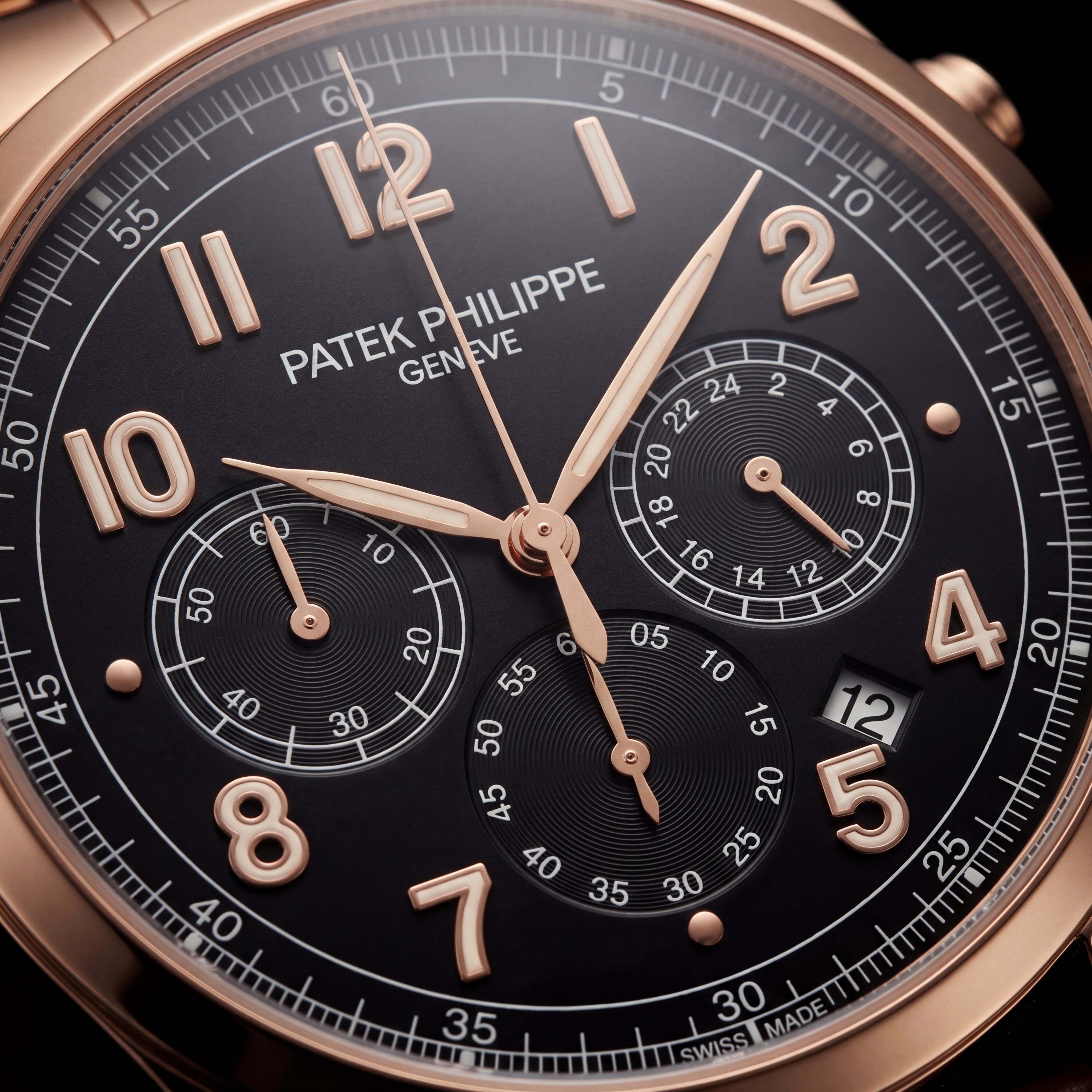 Luxury Rose Gold Stainless Steel Chronograph Watch Black Dial Arabic Numerals Multi-Subdial Date Display – Men