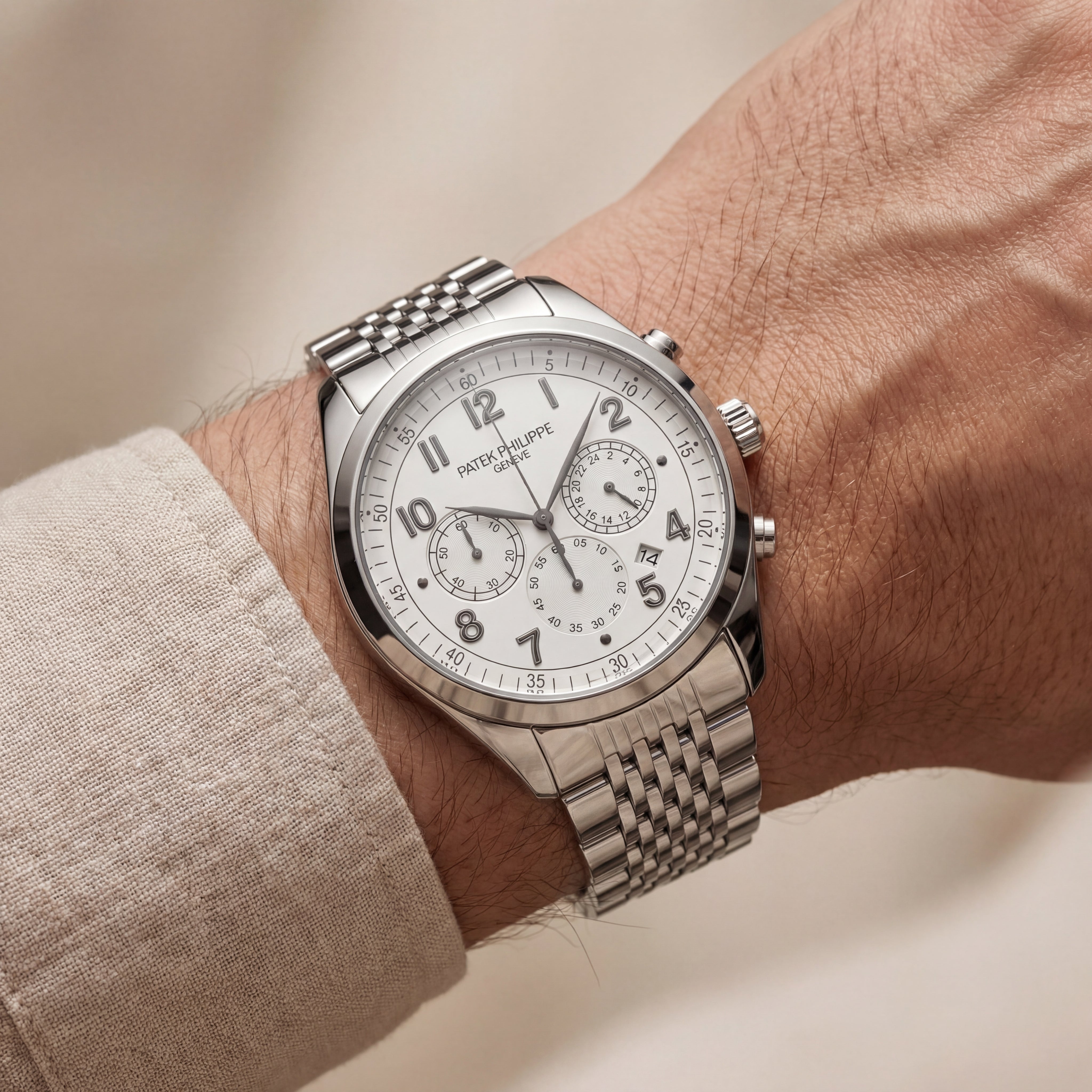 Luxury Silver Stainless Steel Chronograph Watch Silver Dial Arabic Numerals Multi-Subdial Date Display – Men