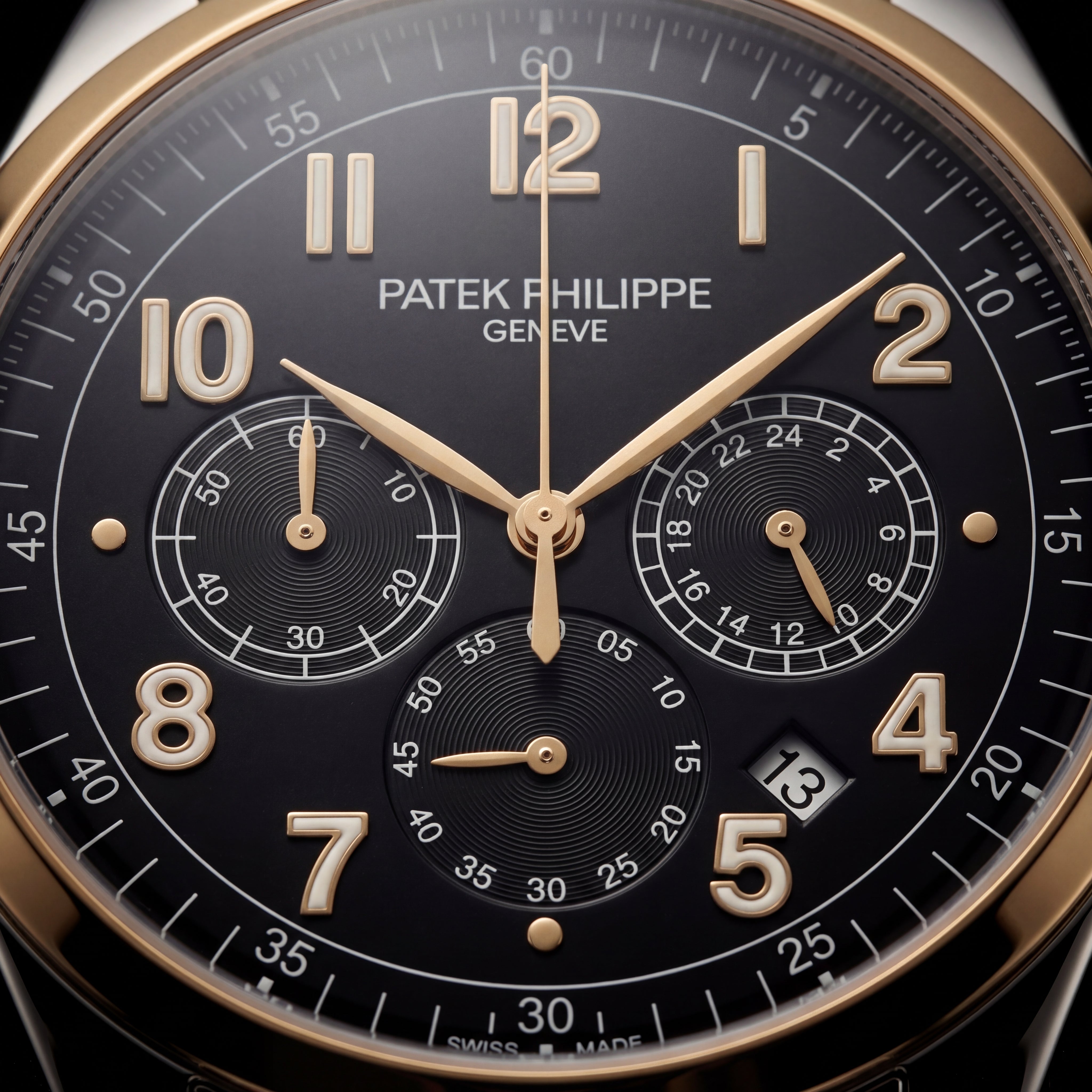 Luxury Two-Tone Stainless Steel Chronograph Watch Gold Bezel Black Dial Arabic Numerals Multi-Subdial Date Display – Men