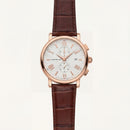 Luxury Rose Gold Stainless Steel Chronograph Watch White Textured Dial Brown Leather Strap Roman Markers Date Display – Men