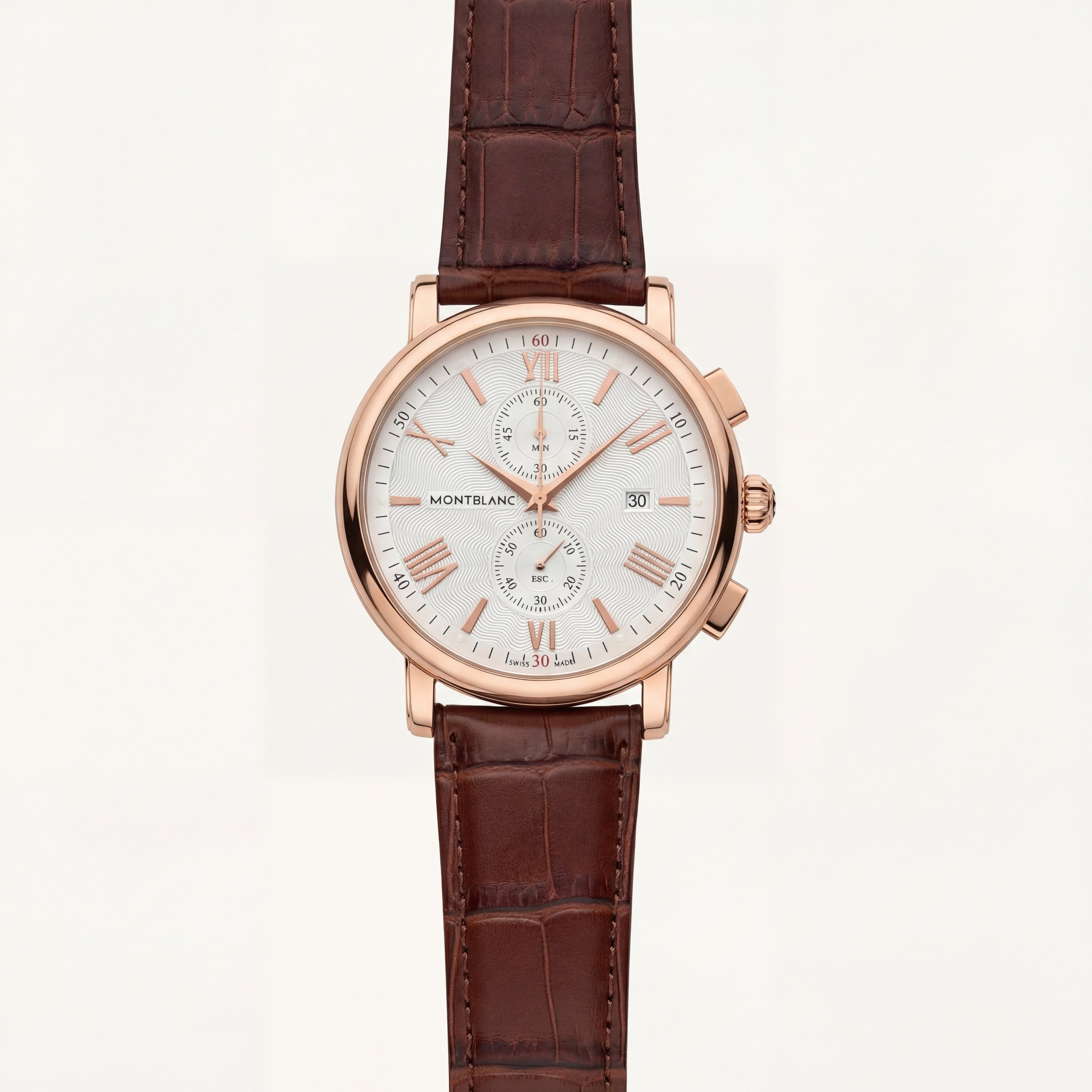 Luxury Rose Gold Stainless Steel Chronograph Watch White Textured Dial Brown Leather Strap Roman Markers Date Display – Men