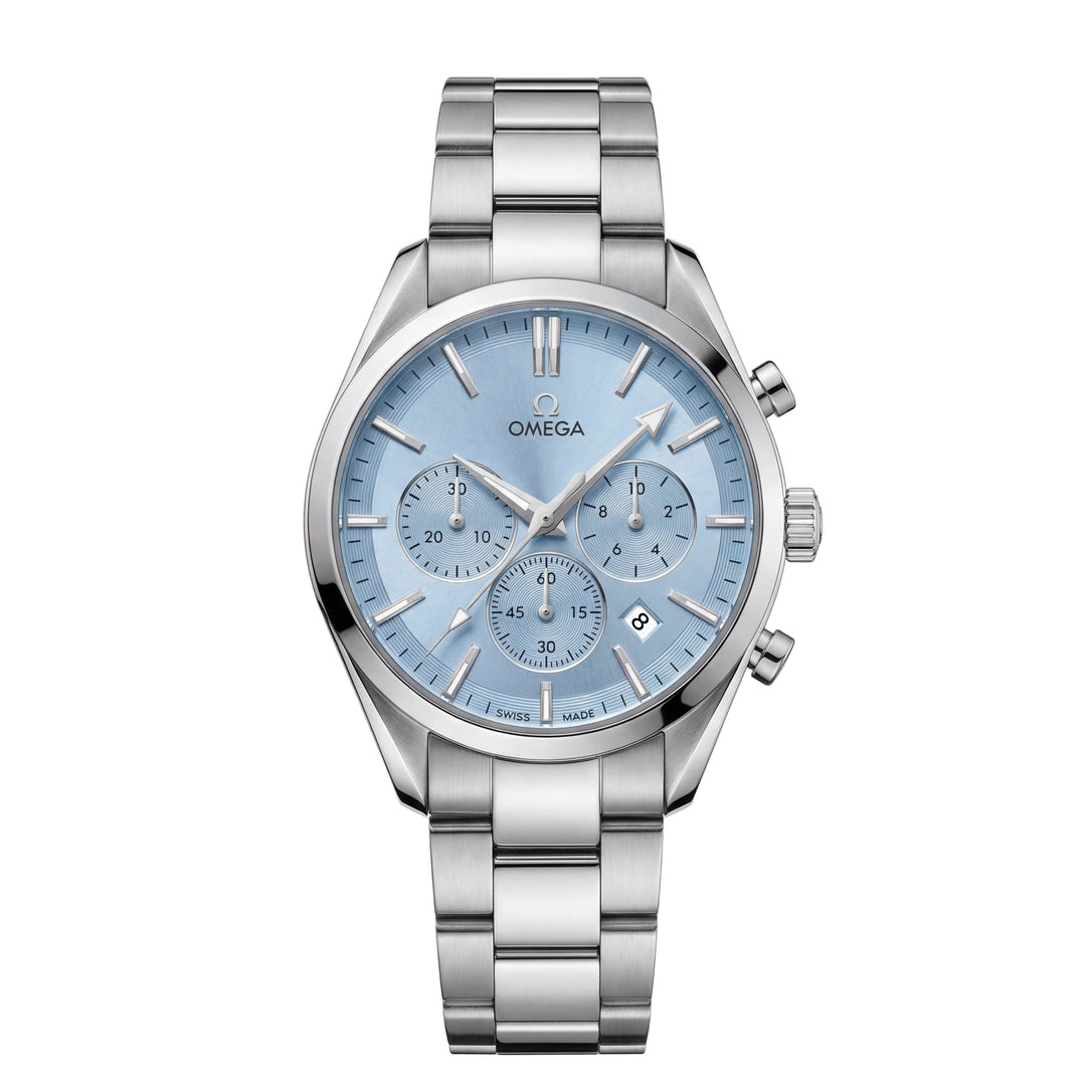 Luxury Silver Stainless Steel Chronograph Watch Ice Blue Dial Baton Markers Multi-Subdial Date Display – Men
