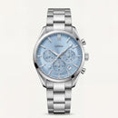 Luxury Silver Stainless Steel Chronograph Watch Ice Blue Dial Baton Markers Multi-Subdial Date Display – Men
