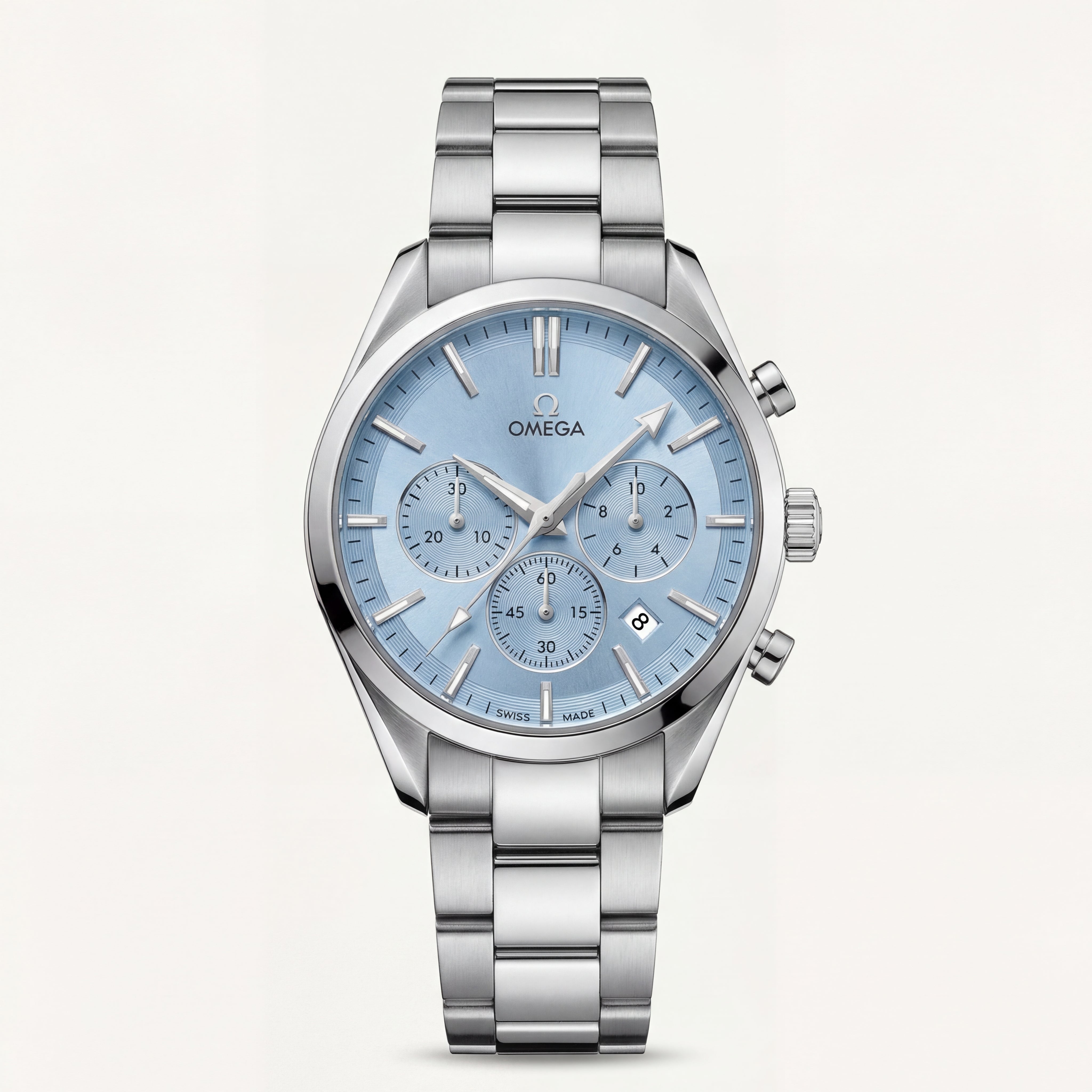 Luxury Silver Stainless Steel Chronograph Watch Ice Blue Dial Baton Markers Multi-Subdial Date Display – Men