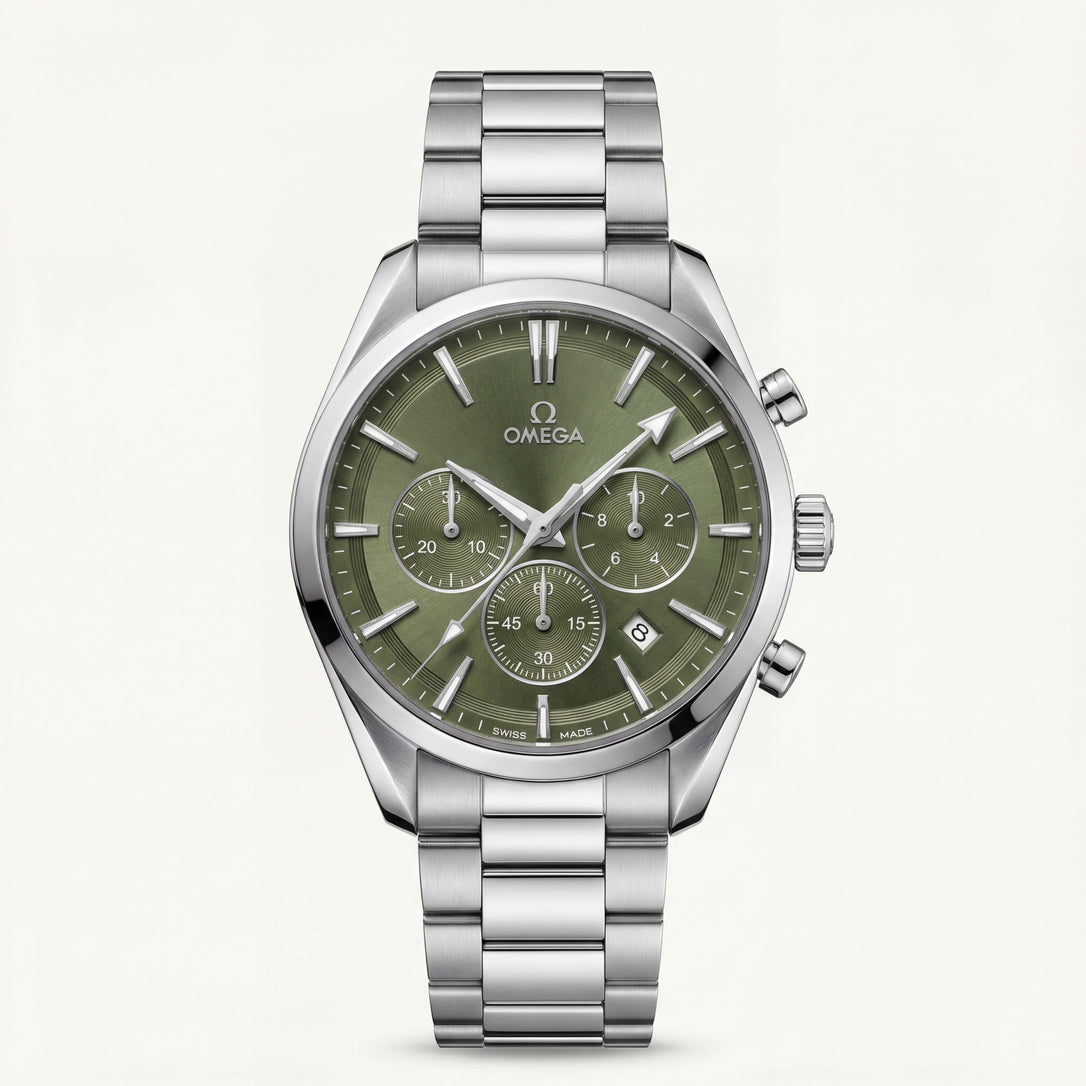 Luxury Silver Stainless Steel Chronograph Watch Olive Green Dial Baton Markers Multi-Subdial Date Display – Men