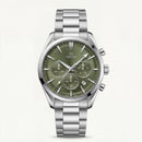 Luxury Silver Stainless Steel Chronograph Watch Olive Green Dial Baton Markers Multi-Subdial Date Display – Men