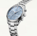 Luxury Silver Stainless Steel Chronograph Watch Ice Blue Dial Baton Markers Multi-Subdial Date Display – Men