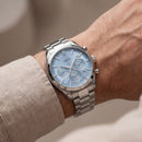 Luxury Silver Stainless Steel Chronograph Watch Ice Blue Dial Baton Markers Multi-Subdial Date Display – Men