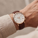 Luxury Rose Gold Stainless Steel Chronograph Watch White Textured Dial Brown Leather Strap Roman Markers Date Display – Men