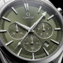 Luxury Silver Stainless Steel Chronograph Watch Olive Green Dial Baton Markers Multi-Subdial Date Display – Men