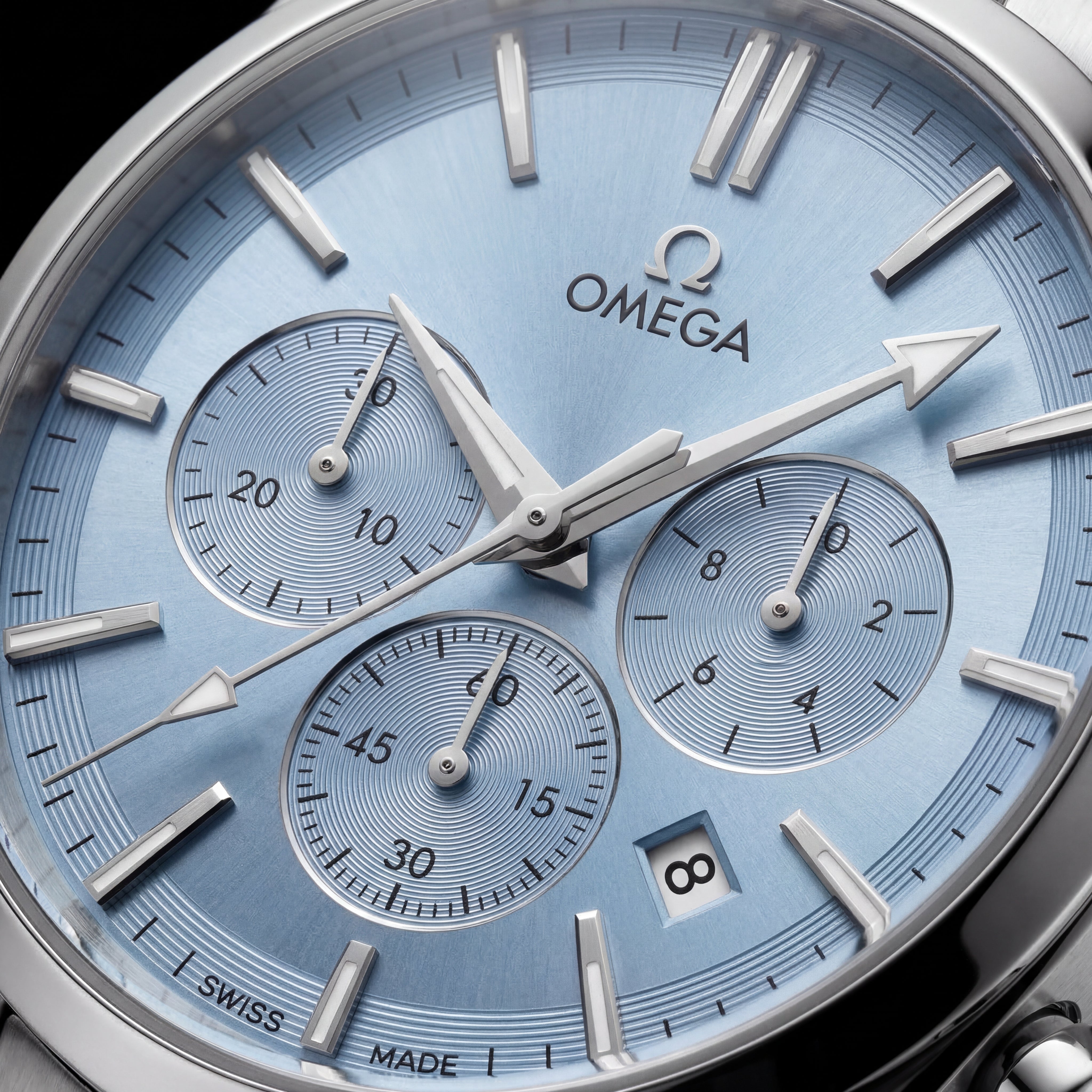 Luxury Silver Stainless Steel Chronograph Watch Ice Blue Dial Baton Markers Multi-Subdial Date Display – Men