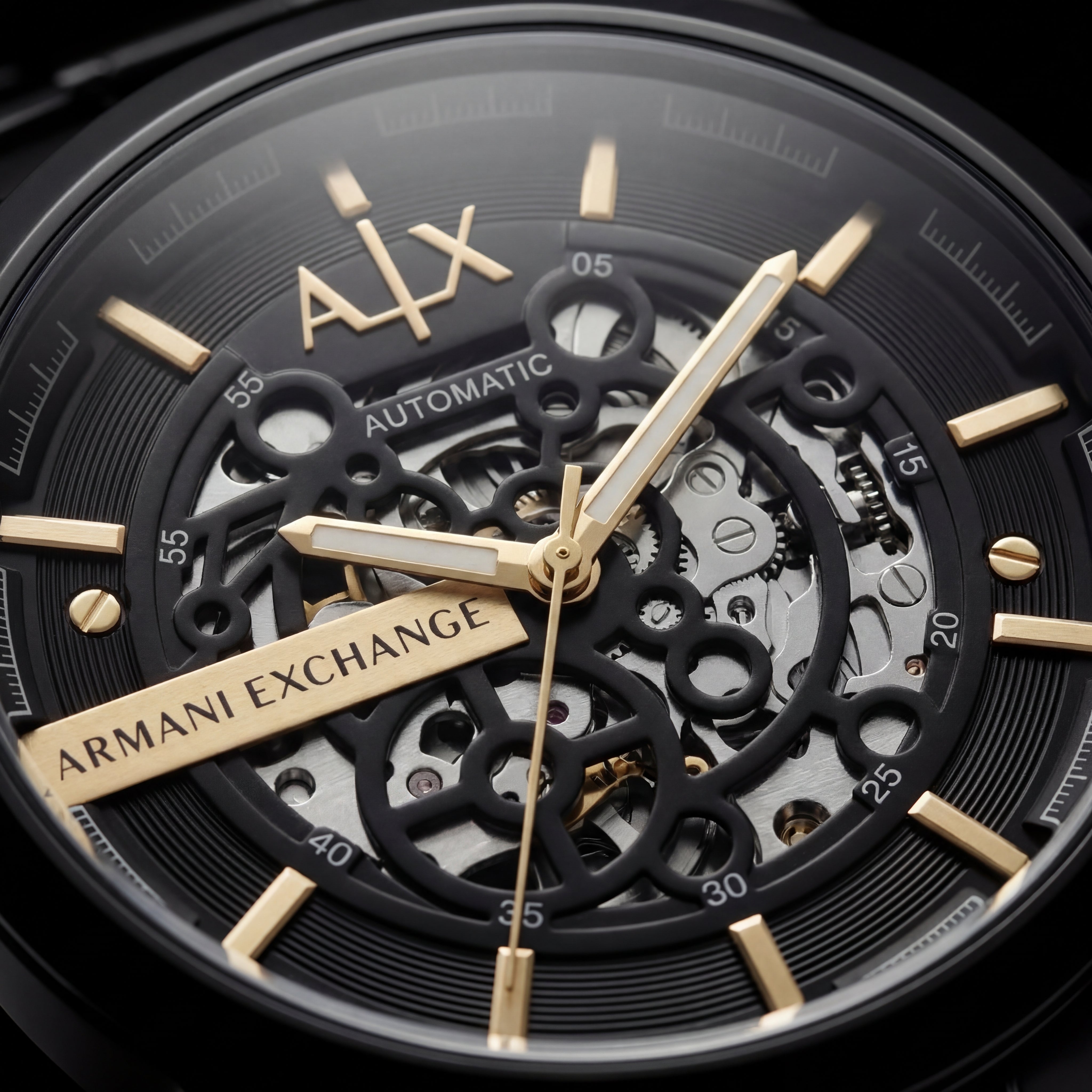 Luxury Black Stainless Steel Skeleton Watch Gold Markers Automatic Open Dial Mechanical Watch – Men