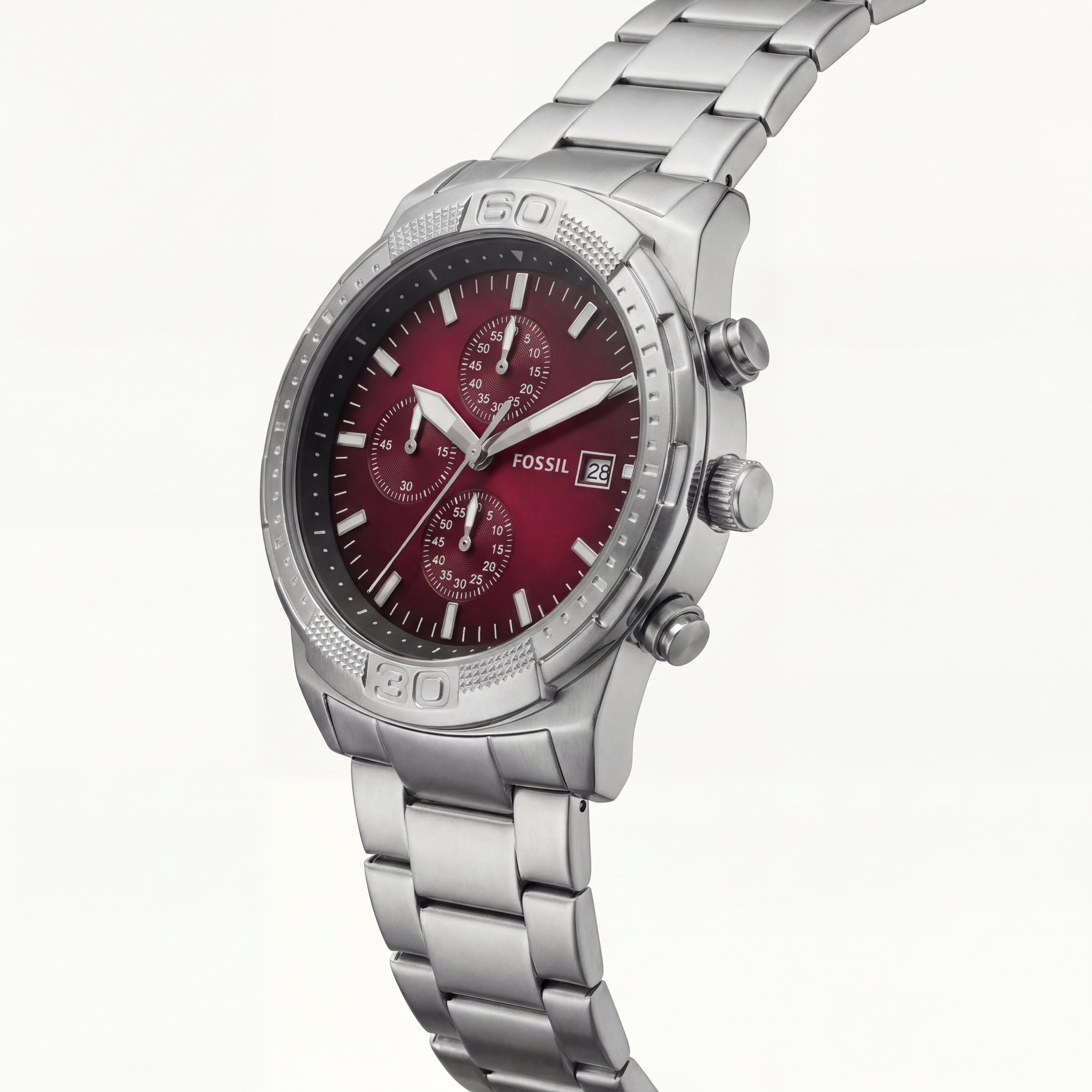 Premium Silver Stainless Steel Chronograph Watch Red Sunburst Dial Date Display Sport Luxury Watch – Men