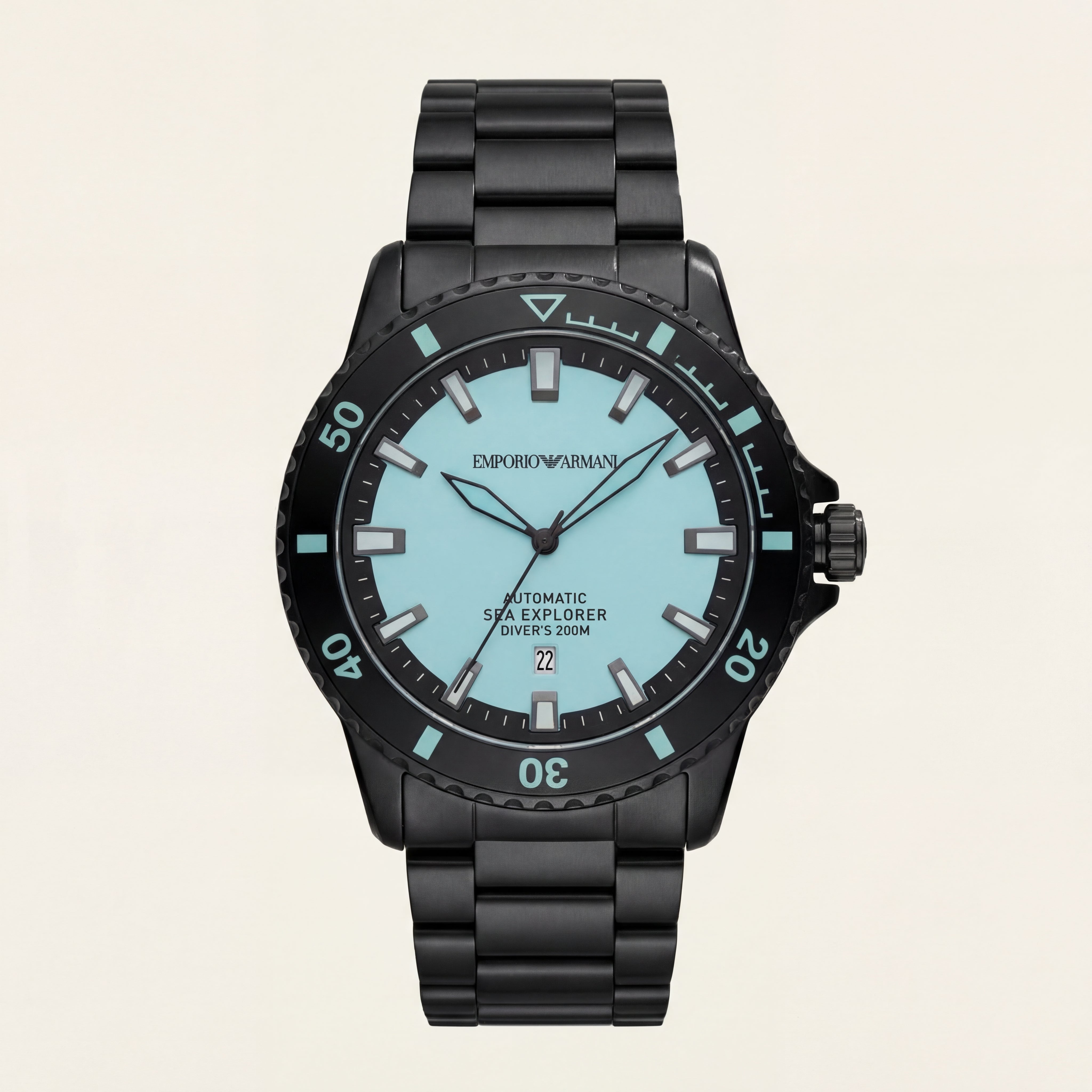 Premium Black Stainless Steel Diver Style Watch Ice Blue Dial Date Display Sport Luxury Watch – Men