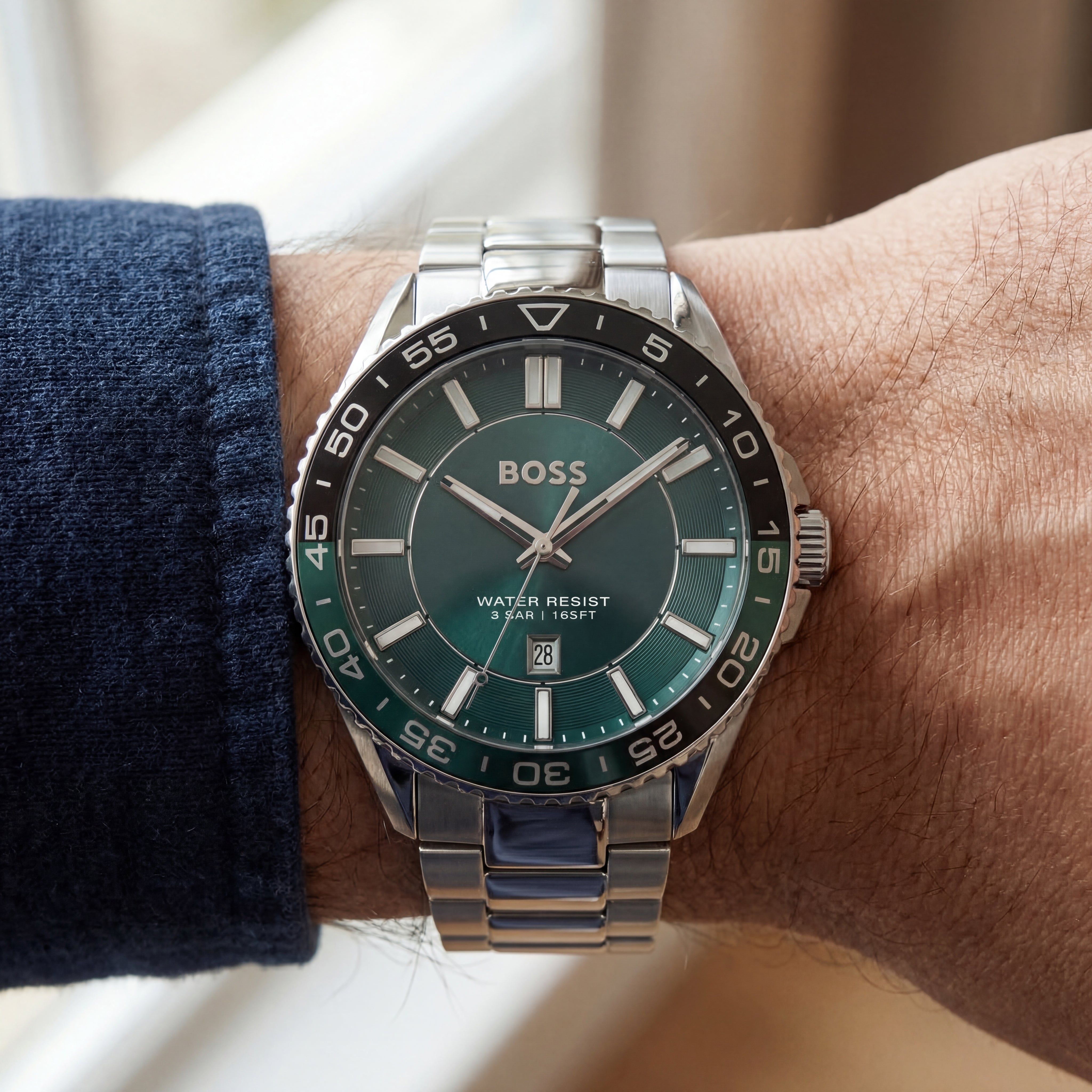 Premium Silver Stainless Steel Watch Green Dial Sport Bezel Date Display Classic Luxury Watch – Men