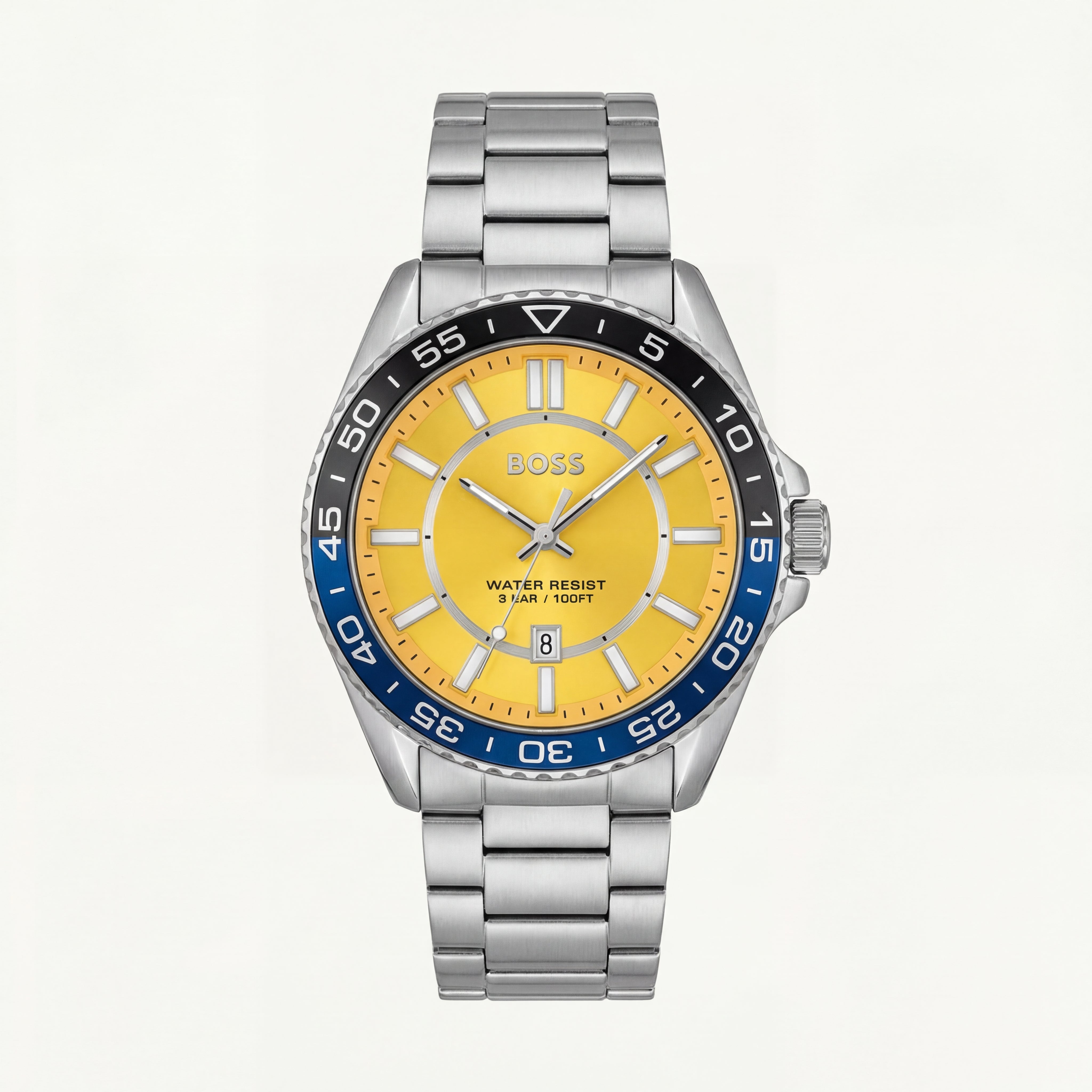 Premium Silver Stainless Steel Watch Yellow Dial Blue Sport Bezel Date Display Bold Luxury Watch – Men