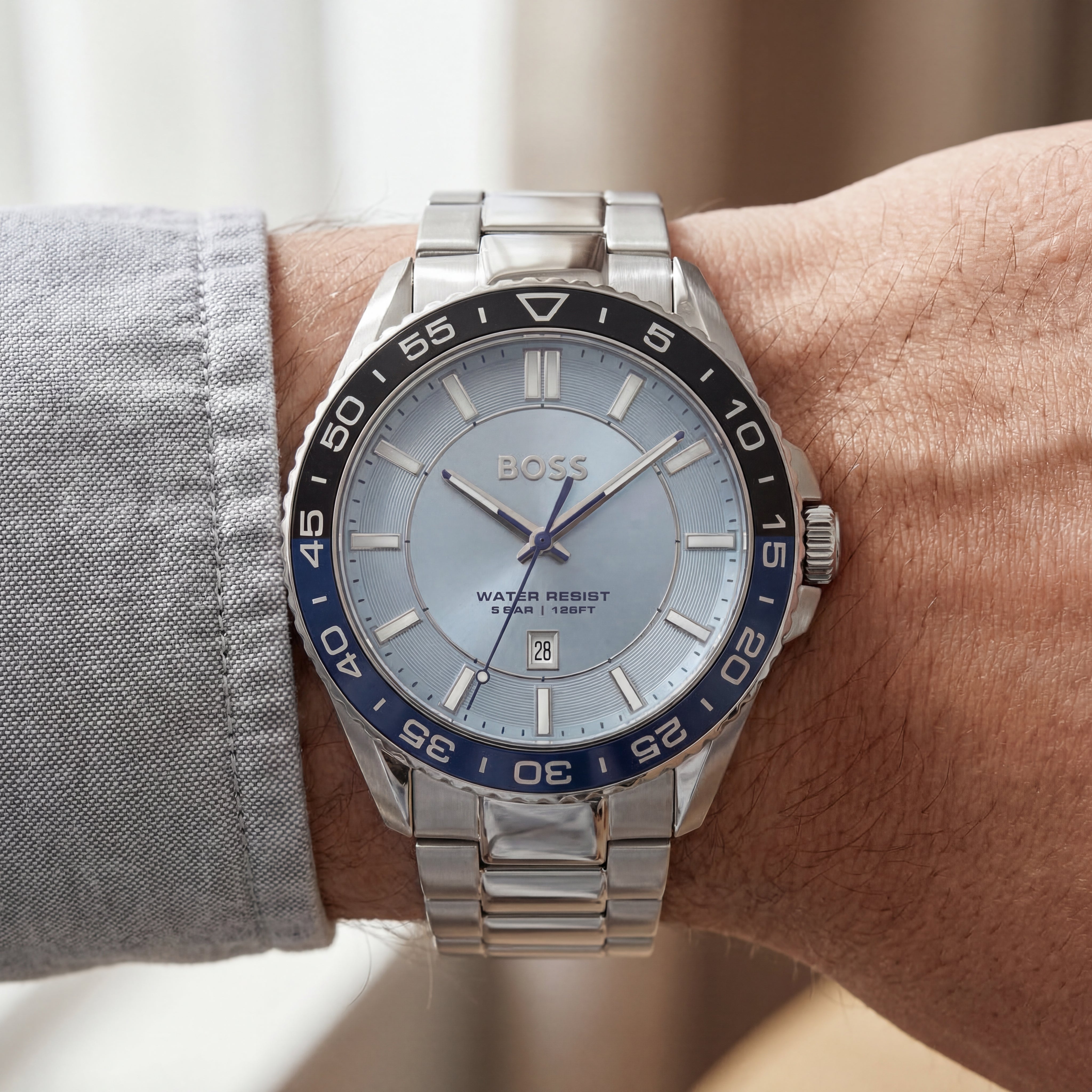 Premium Silver Stainless Steel Watch Ice Blue Dial Blue Sport Bezel Date Display Classic Luxury Watch – Men