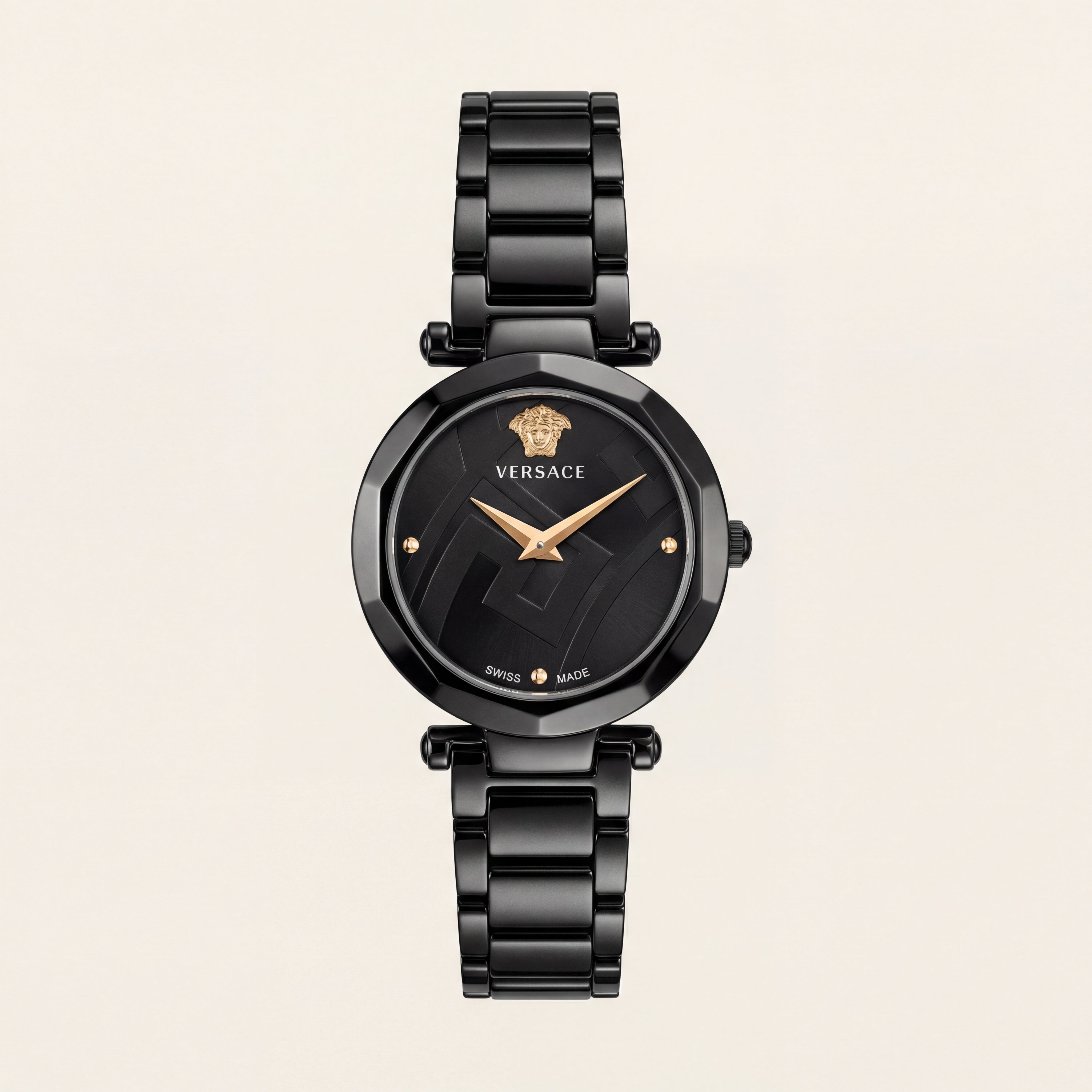 Black Round Case Luxury Medusa Dial Gold Hands Stainless Steel Bracelet Watch – Women