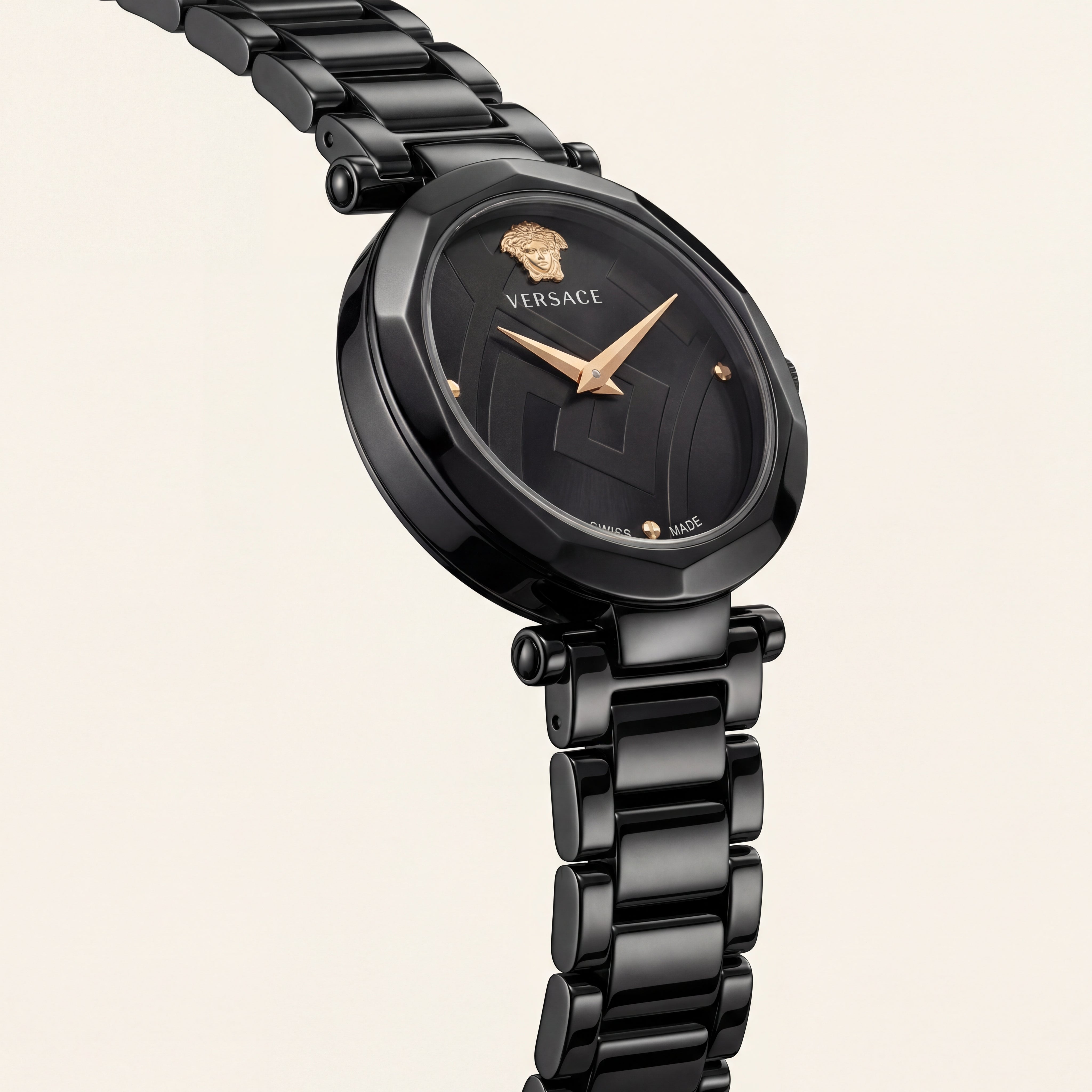 Black Round Case Luxury Medusa Dial Gold Hands Stainless Steel Bracelet Watch – Women