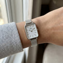 Classic White Rectangular Dial Silver Mesh Minimal Watch