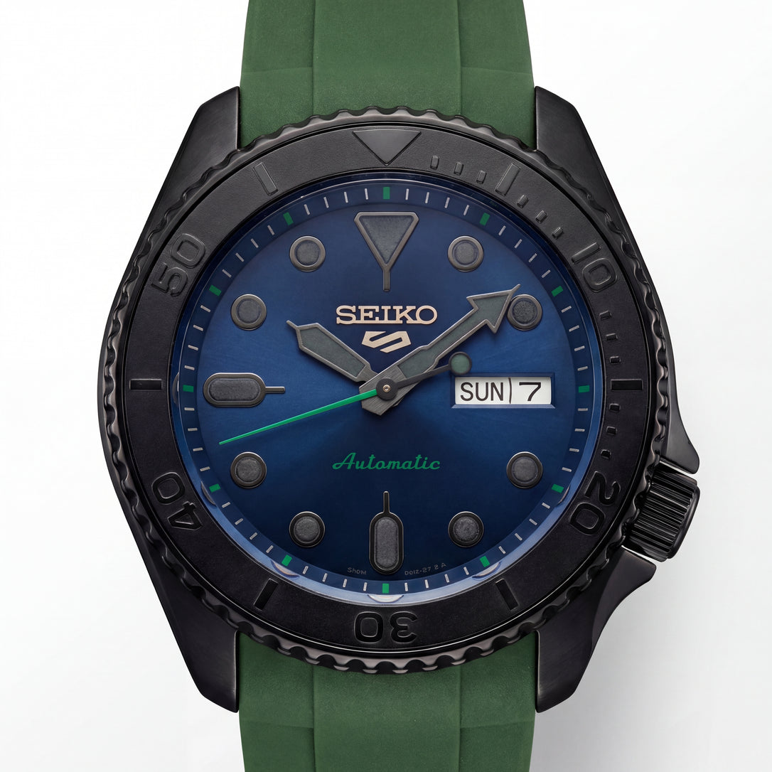 Black Automatic Dive Men’s Watch with Blue Dial & Green Strap