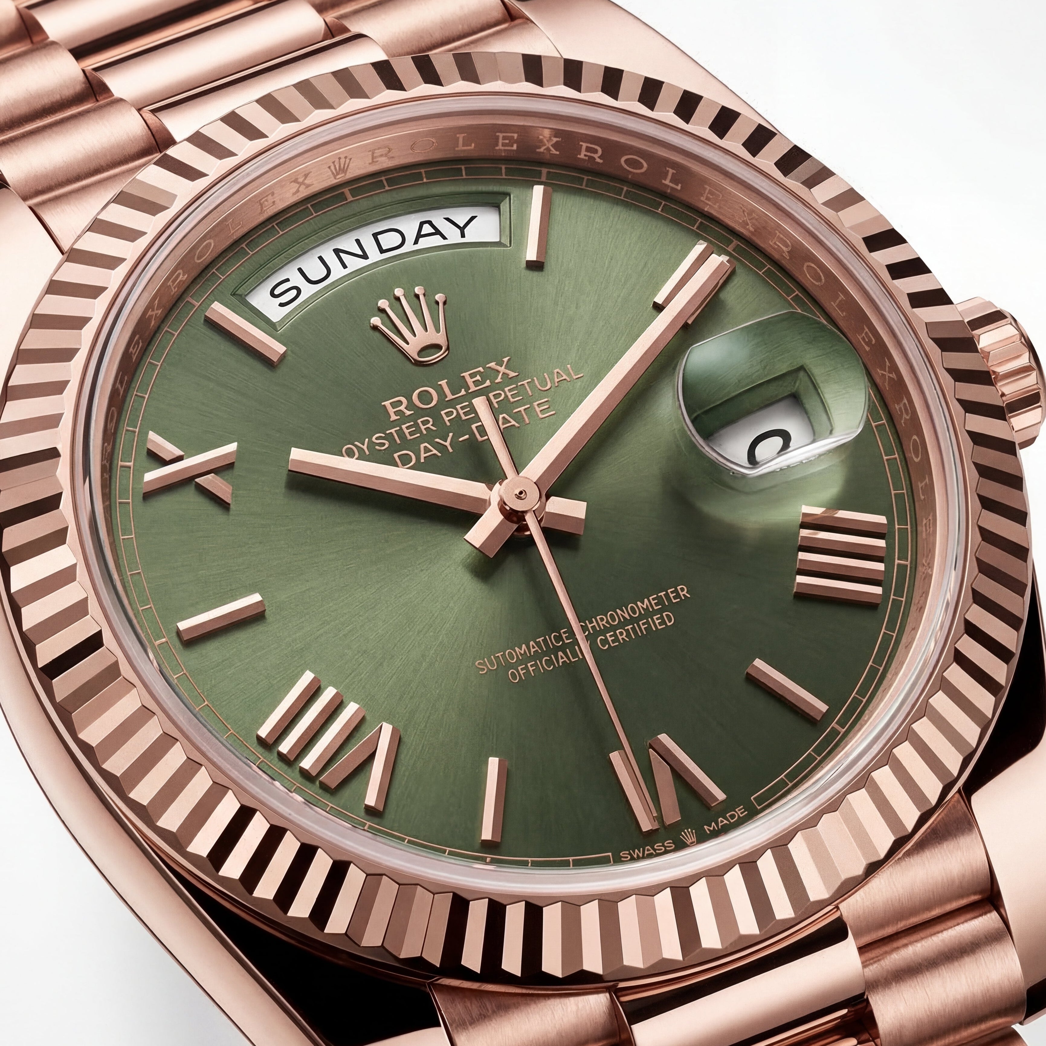 Rose Gold Day-Date President-Style Luxury Men’s Watch with Olive Green Dial