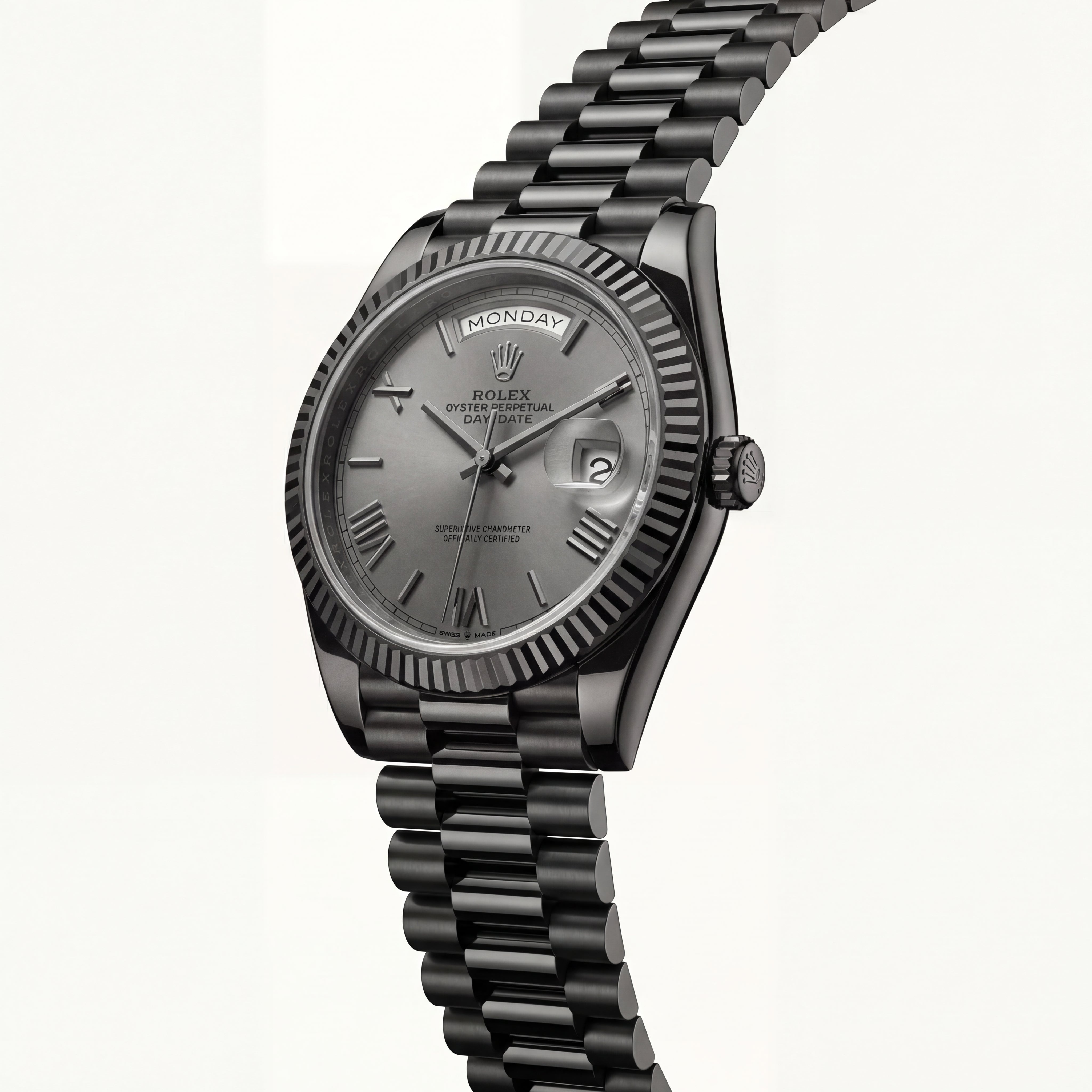 Slate Grey Fluted Bezel Day-Date Steel Watch