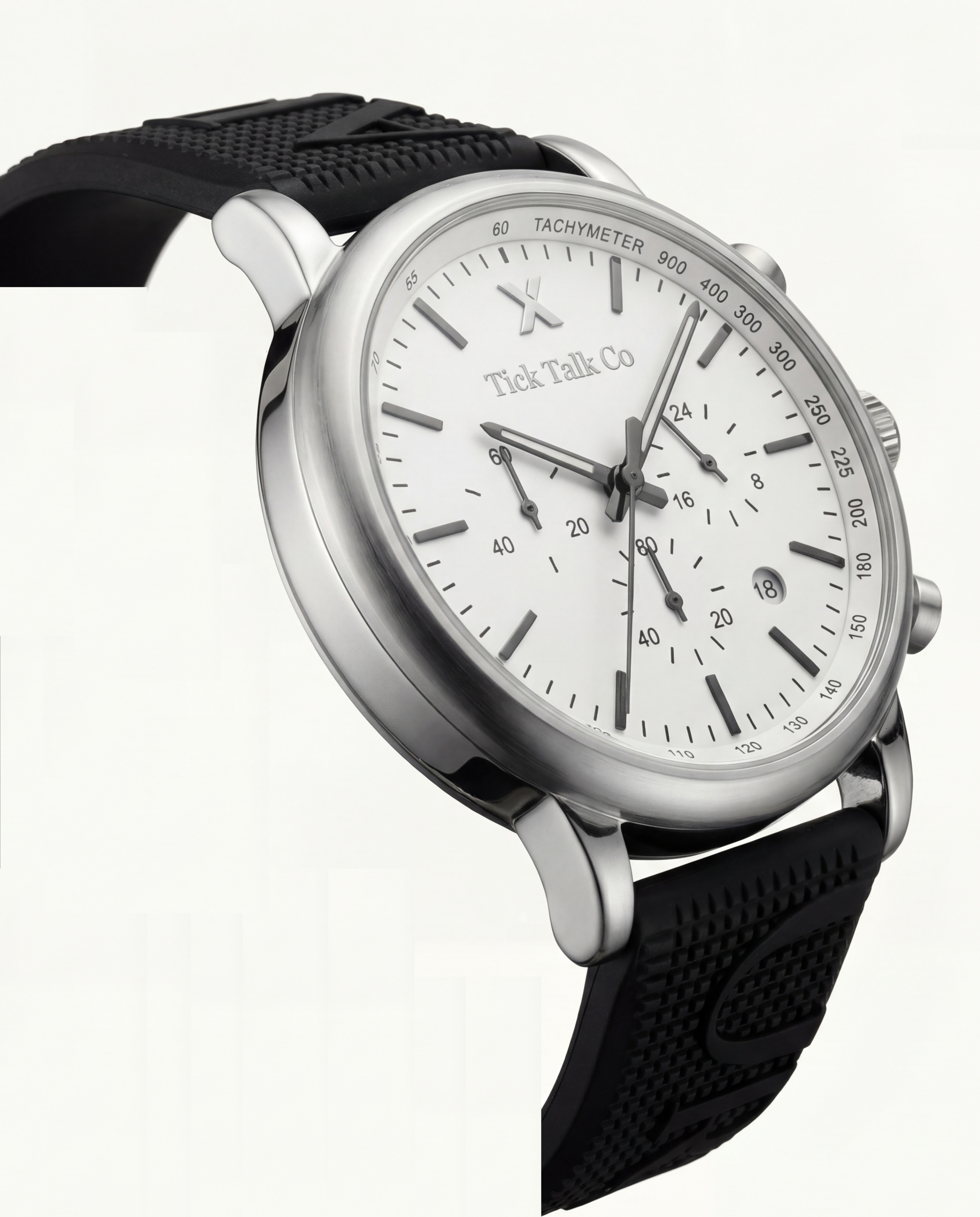 Silver Chronograph Watch with White Dial & Black Rubber Strap