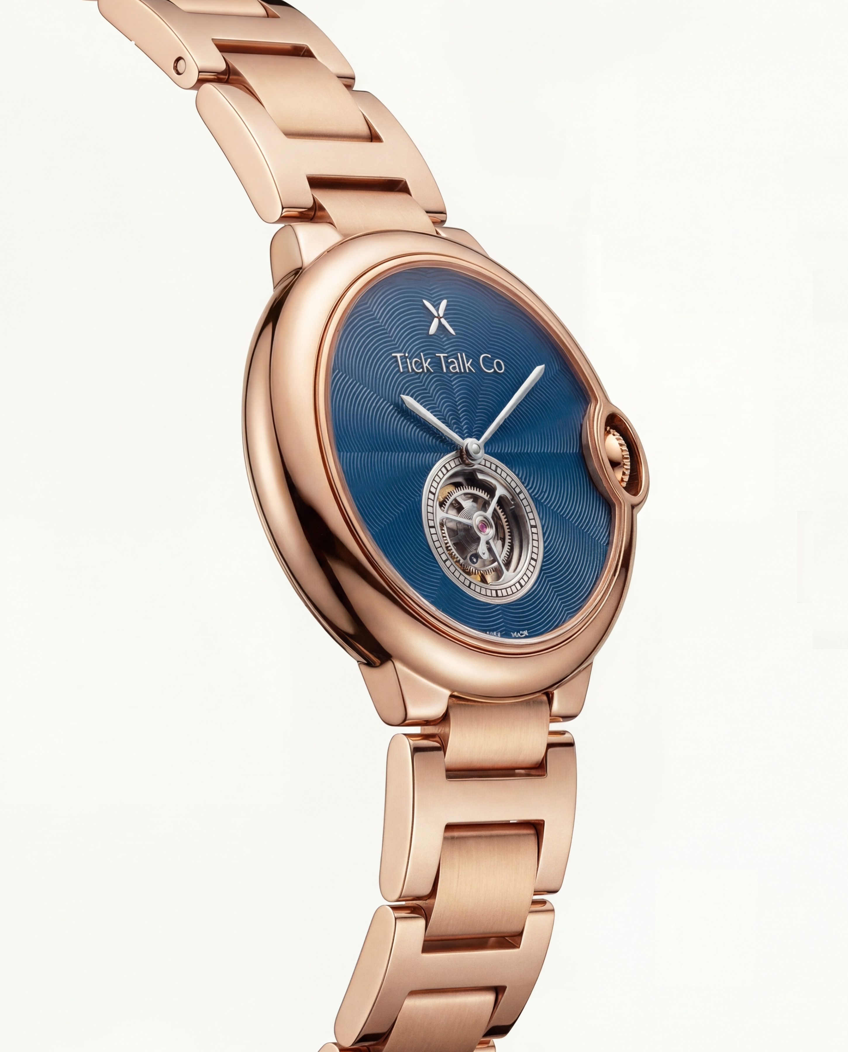 Blue Guilloché Dial Rose Gold Open-Heart Watch with Stainless Steel Bracelet