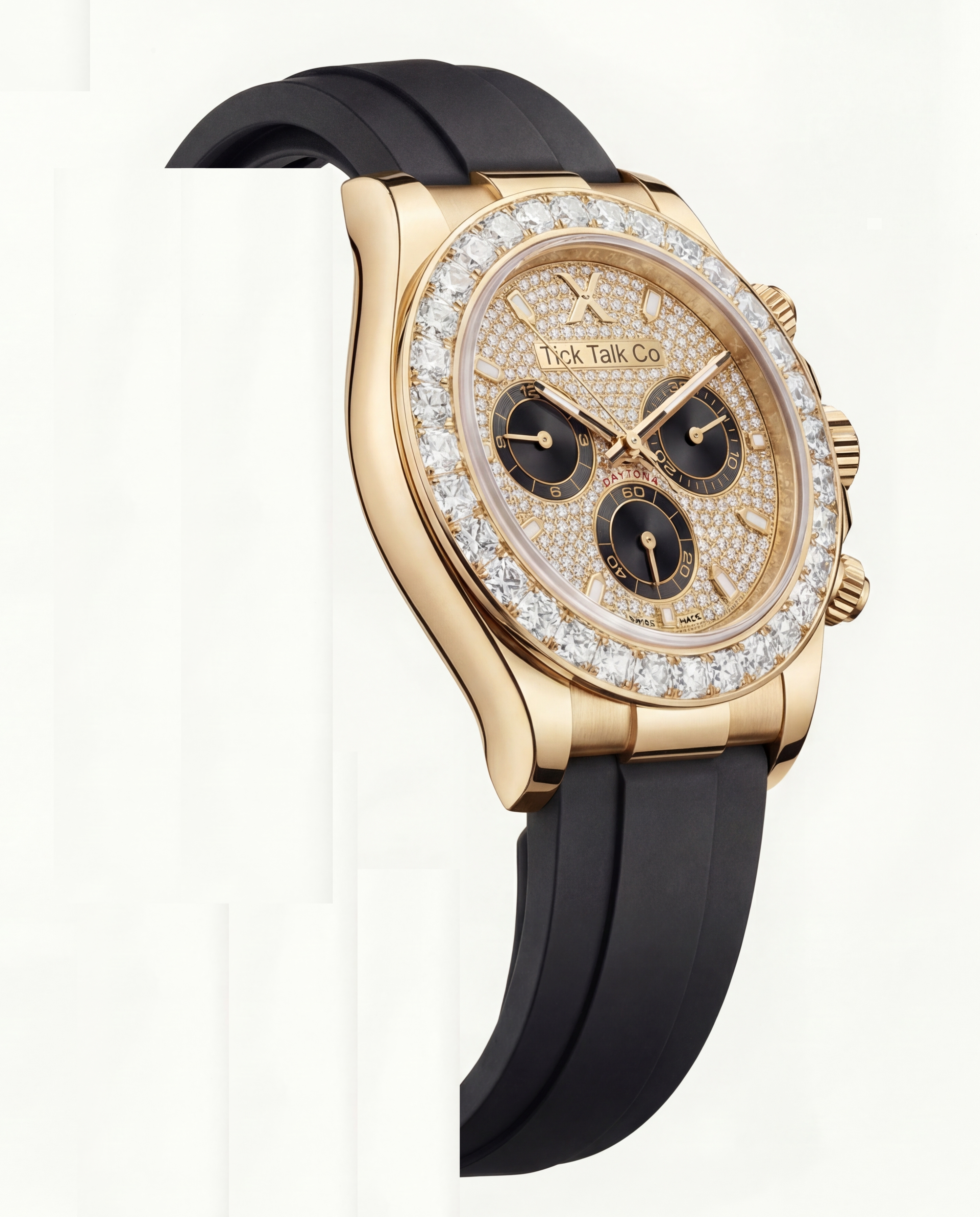 Gold Chronograph Diamond Bezel Luxury Watch with Black Strap