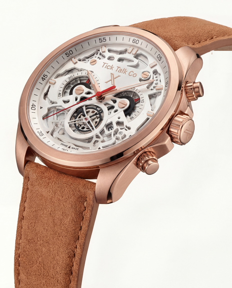ose Gold Skeleton Chronograph Watch with White Open-Work Dial and Brown Leather Strap