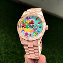 Premium Rose Gold Stainless Steel Watch Sky Blue Multicolor Puzzle Dial Fluted Bezel Statement Luxury Watch – Men