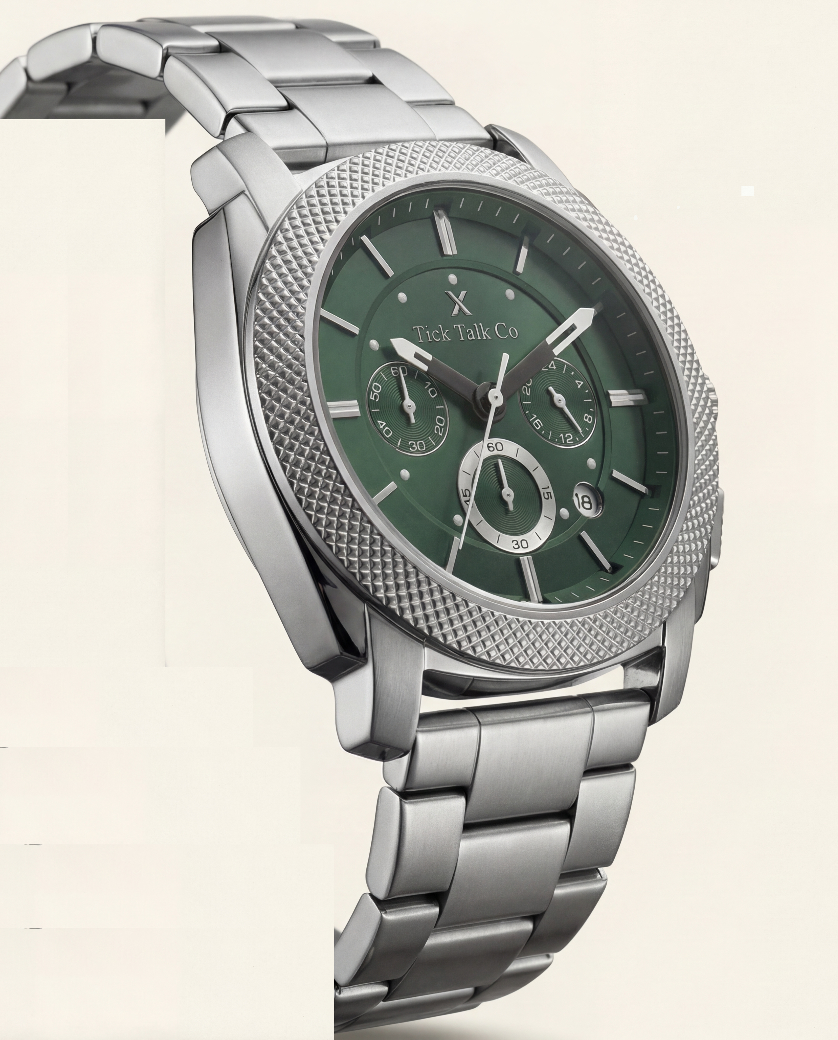 Silver Green Dial Chronograph Quartz Watch with Textured Bezel & Stainless Steel Bracelet