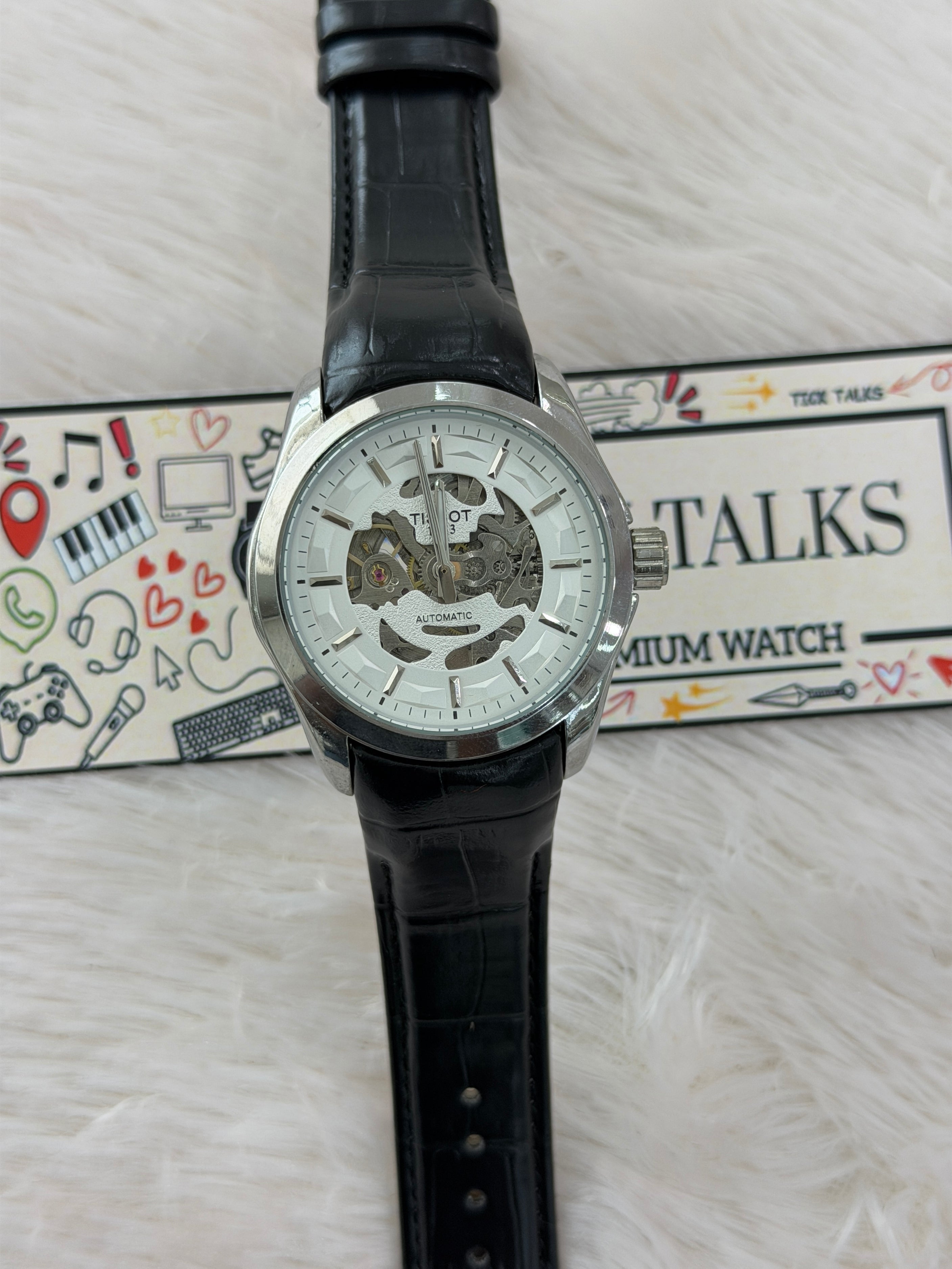 Premium White Skeleton Dial Leather Strap Watch – Men