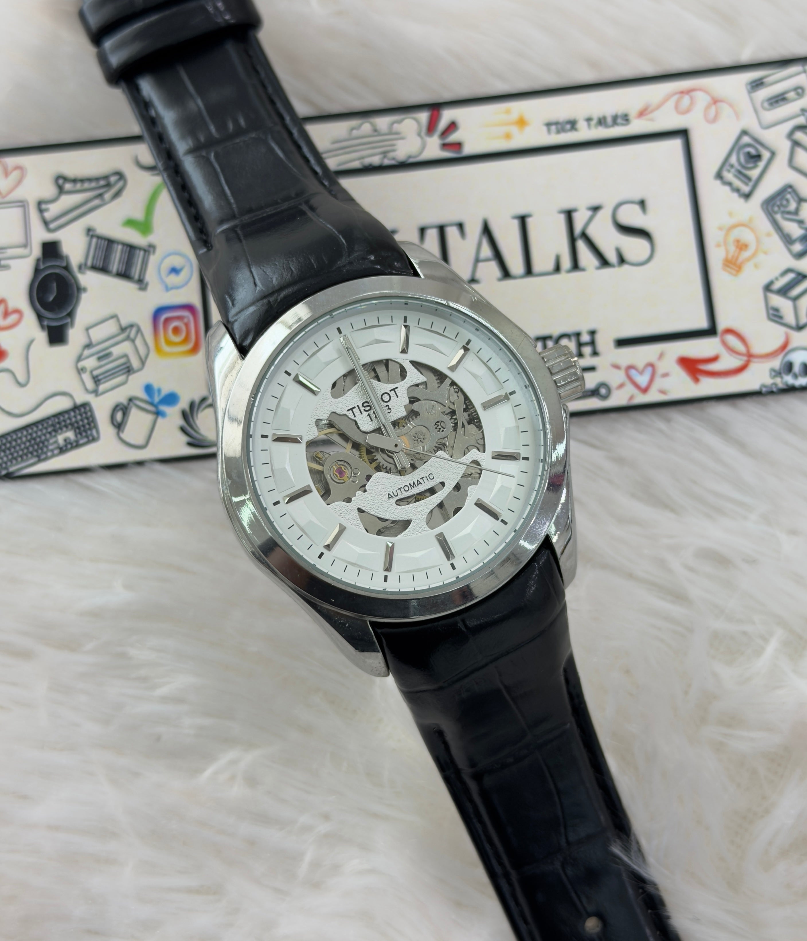 Premium White Skeleton Dial Leather Strap Watch – Men