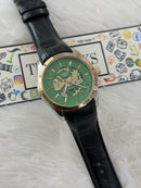 Premium Green Skeleton Dial Rose Gold Bezel Leather Strap Watch – Men