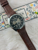 Premium Black Skeleton Dial Brown Leather Strap Watch – Men