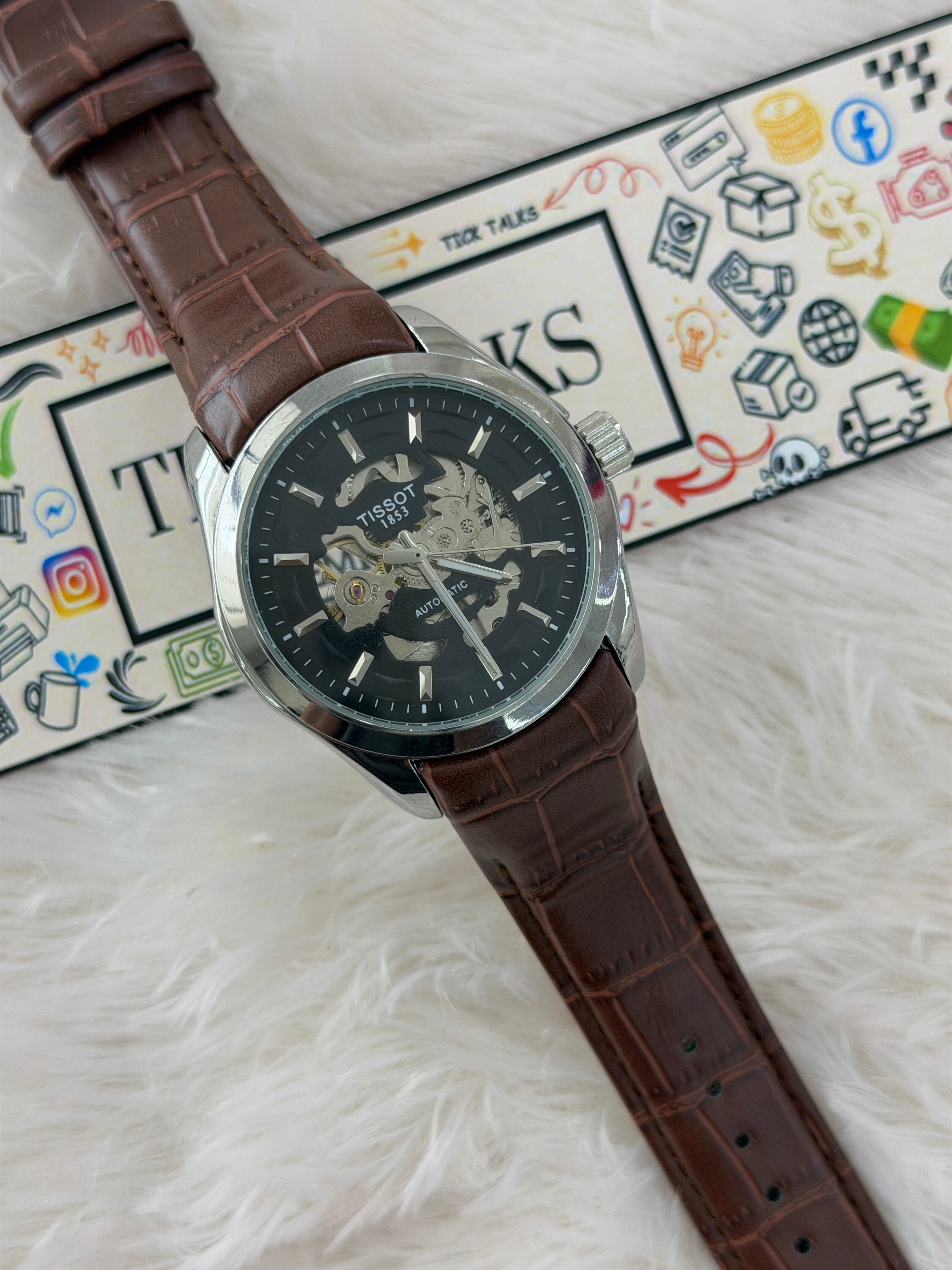 Premium Black Skeleton Dial Brown Leather Strap Watch – Men