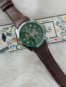 Premium Green Skeleton Dial Brown Leather Strap Watch – Men