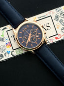 Premium Rose Gold Blue Chronograph Leather Luxury Watch – Men