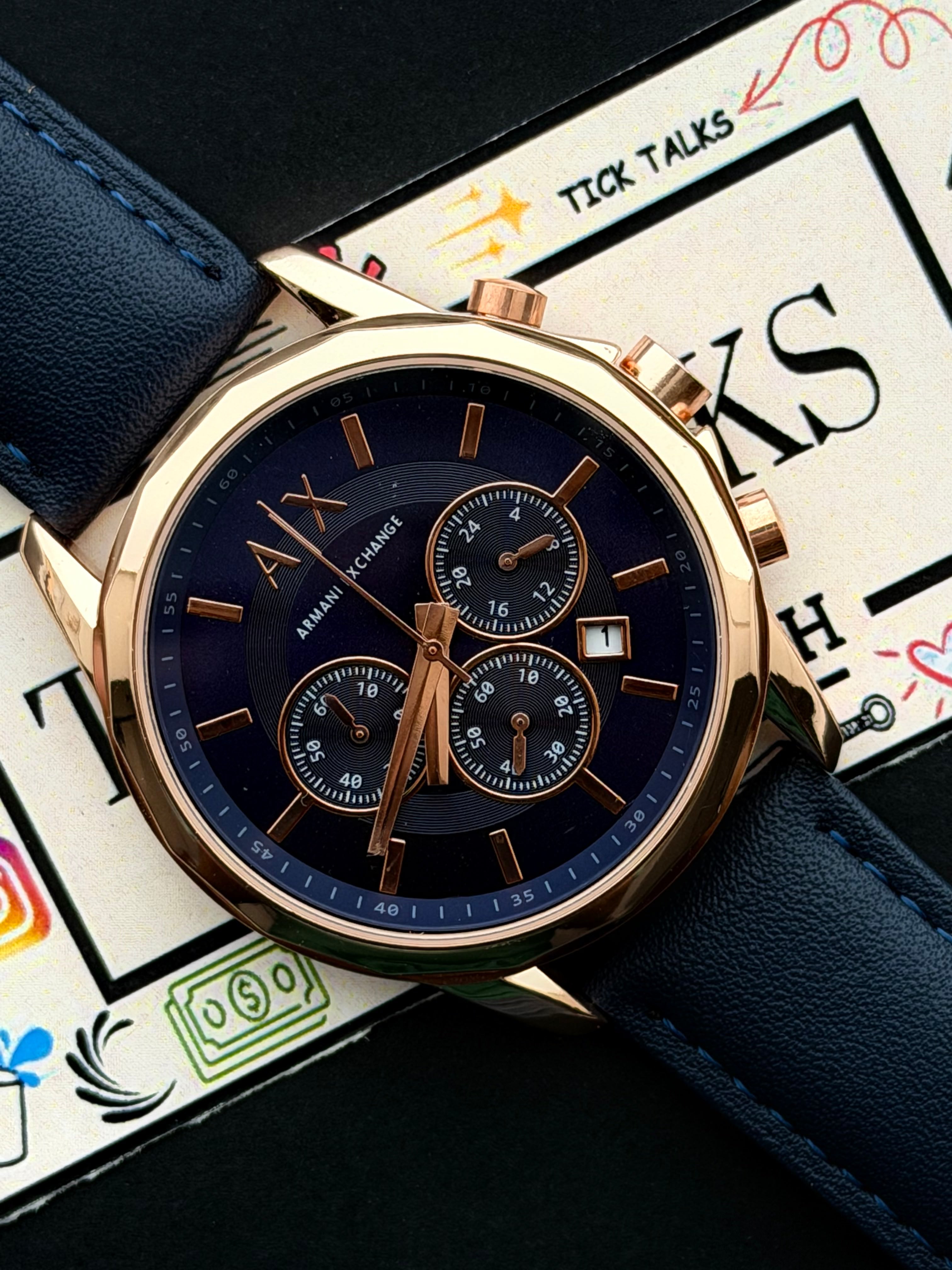 Premium Rose Gold Blue Chronograph Leather Luxury Watch – Men