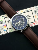 Premium Silver Blue Chronograph Leather Luxury Watch – Men