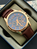 Premium Rose Gold Blue Chronograph Leather Luxury Watch – Men