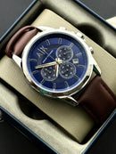 Premium Silver Blue Chronograph Leather Luxury Watch – Men