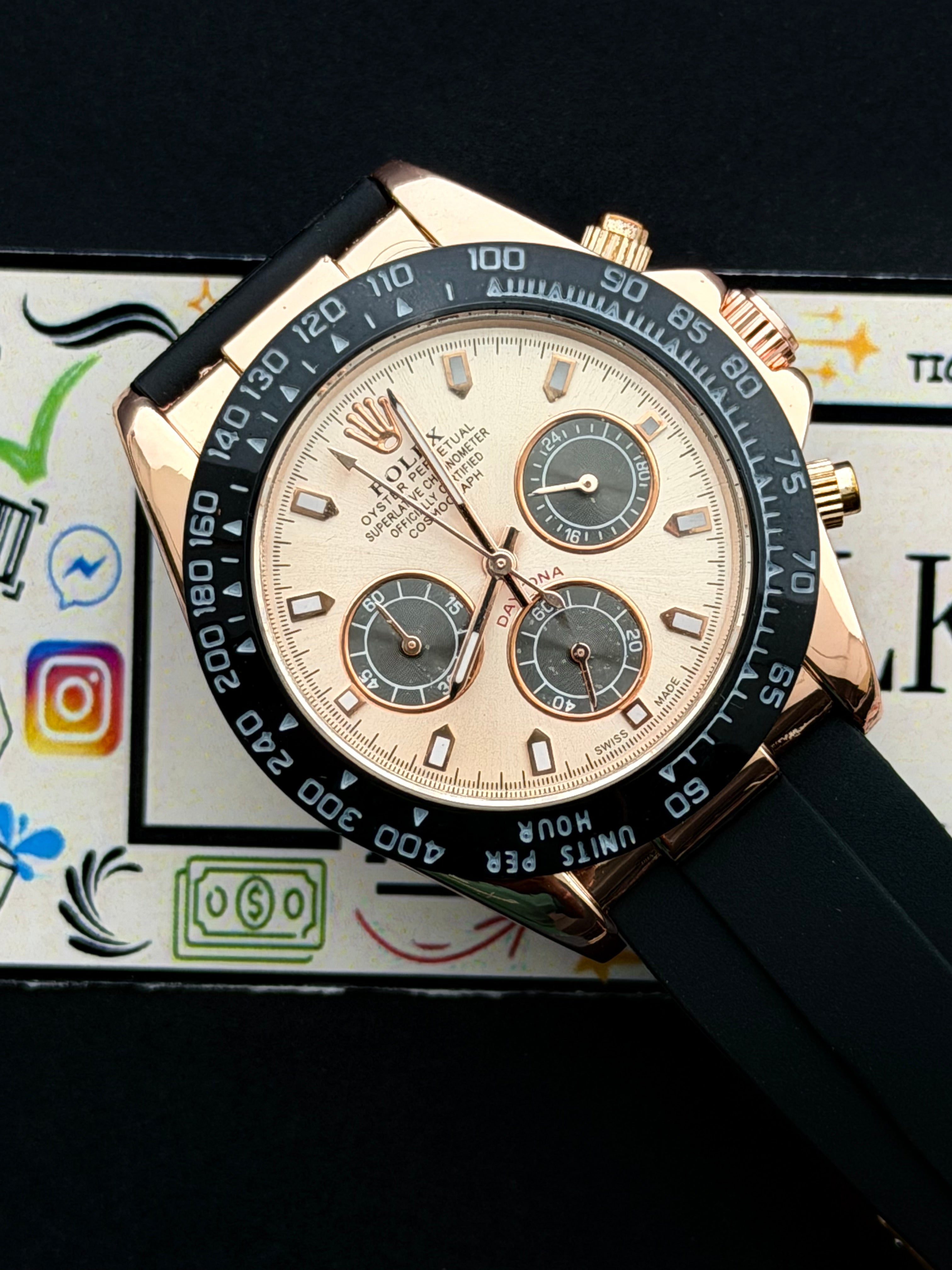 Premium Rose Gold Racing Chronograph Black Rubber Strap Luxury Watch – Men